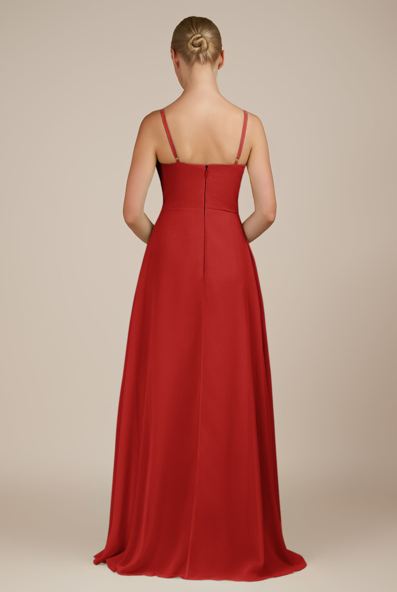 KissDress-Queniva Ruby Red Sheath Chiffon Spaghetti Straps Ruffles Long Bridesmaid Dress with Slit