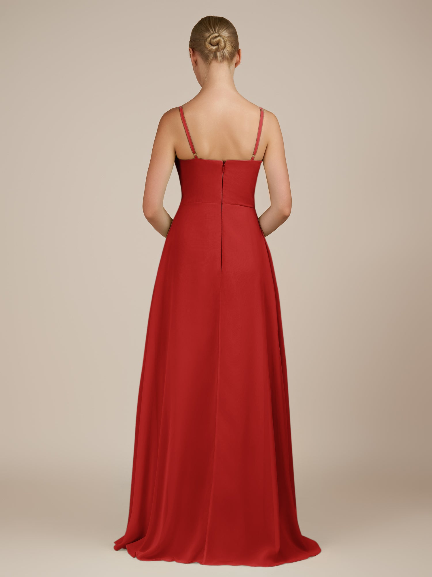 KissDress-Queniva Ruby Red Sheath Chiffon Spaghetti Straps Ruffles Long Bridesmaid Dress with Slit