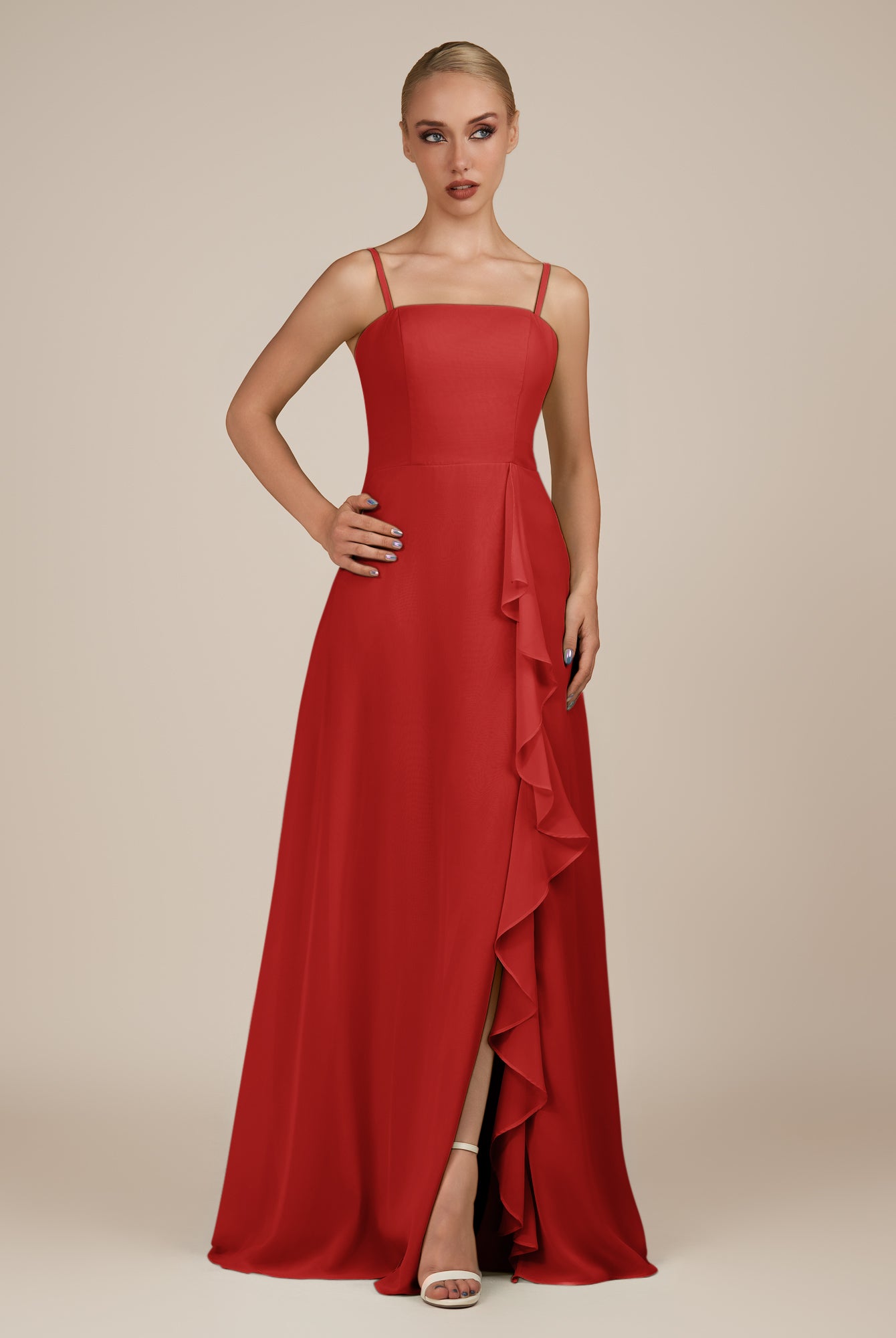 KissDress-Queniva Ruby Red Sheath Chiffon Spaghetti Straps Ruffles Long Bridesmaid Dress with Slit