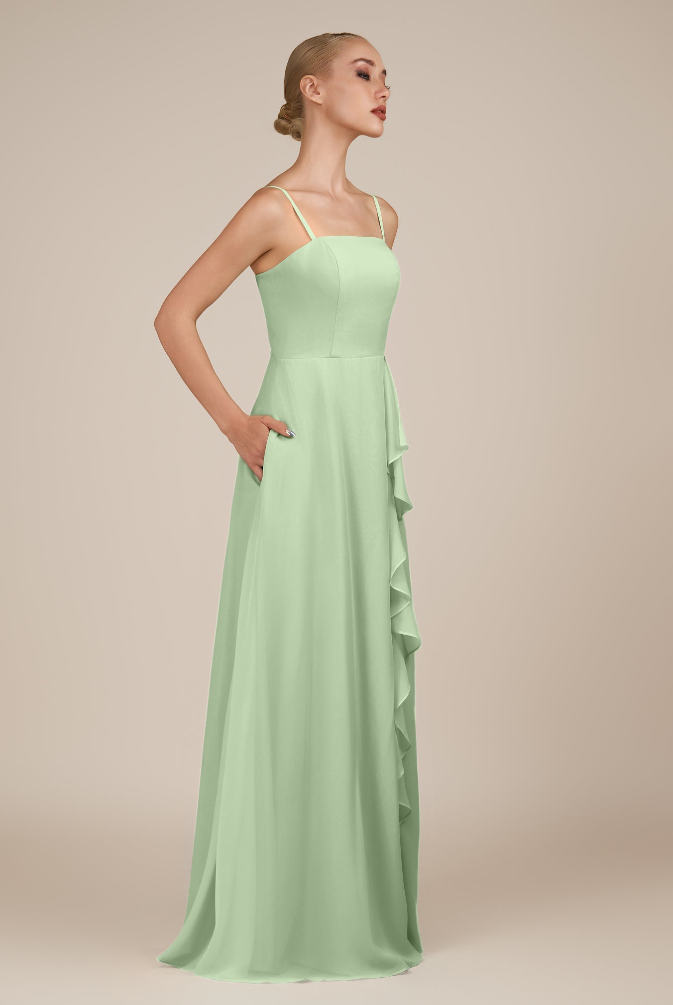 KissDress-Queniva Sage Sheath Chiffon Spaghetti Straps Ruffles Long Bridesmaid Dress with Slit