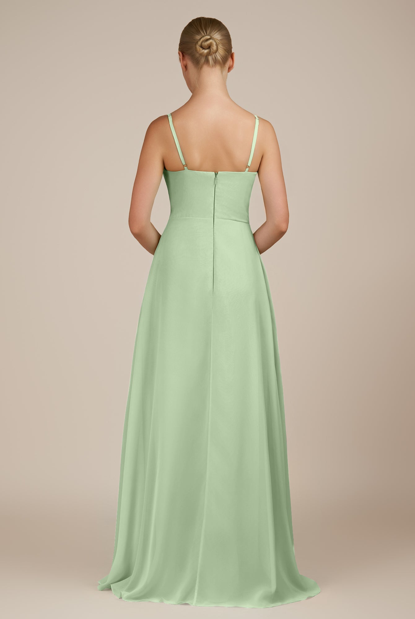 KissDress-Queniva Sage Sheath Chiffon Spaghetti Straps Ruffles Long Bridesmaid Dress with Slit