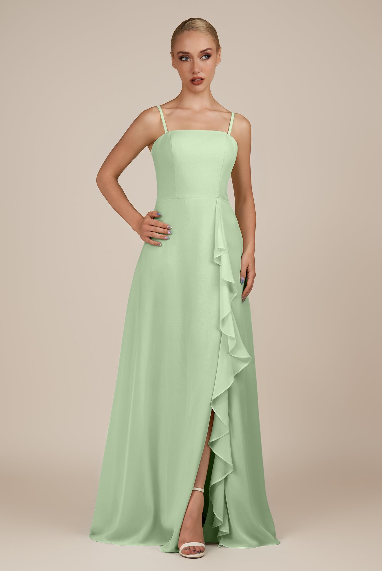 KissDress-Queniva Sage Sheath Chiffon Spaghetti Straps Ruffles Long Bridesmaid Dress with Slit