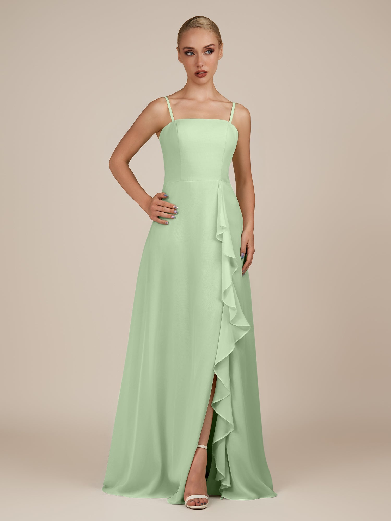 KissDress-Queniva Sage Sheath Chiffon Spaghetti Straps Ruffles Long Bridesmaid Dress with Slit