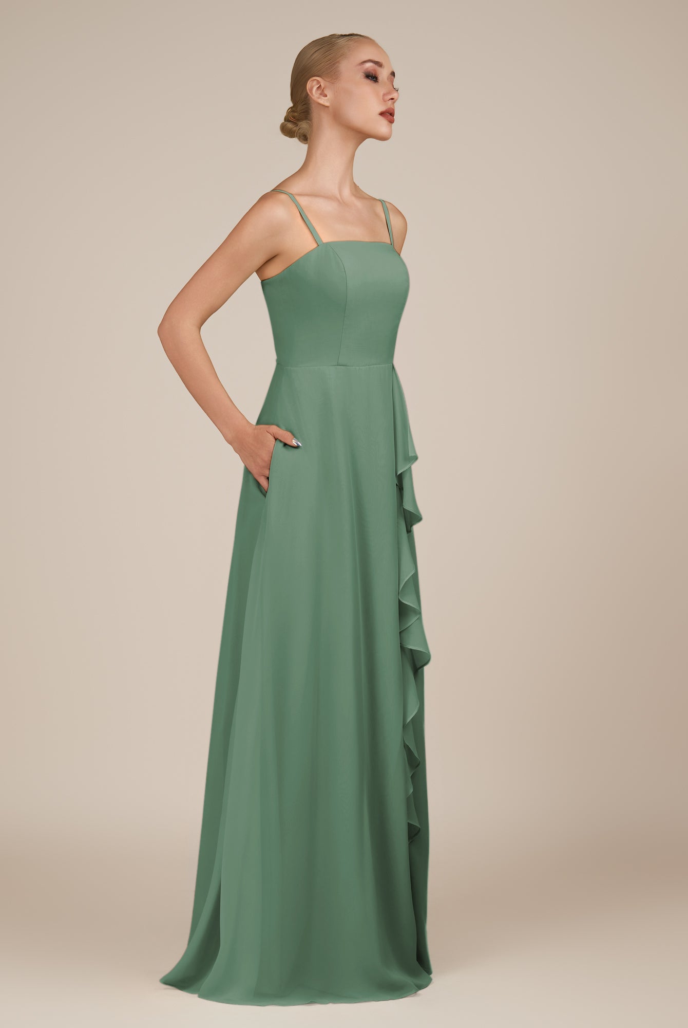 KissDress-Queniva Sea Glass Sheath Chiffon Spaghetti Straps Ruffles Long Bridesmaid Dress with Slit
