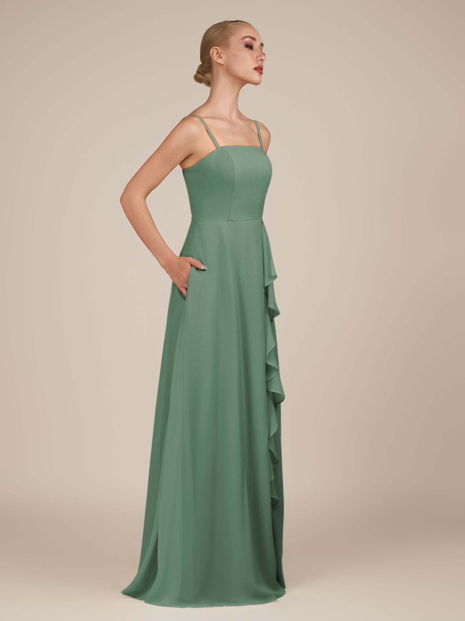 KissDress-Queniva Sea Glass Sheath Chiffon Spaghetti Straps Ruffles Long Bridesmaid Dress with Slit