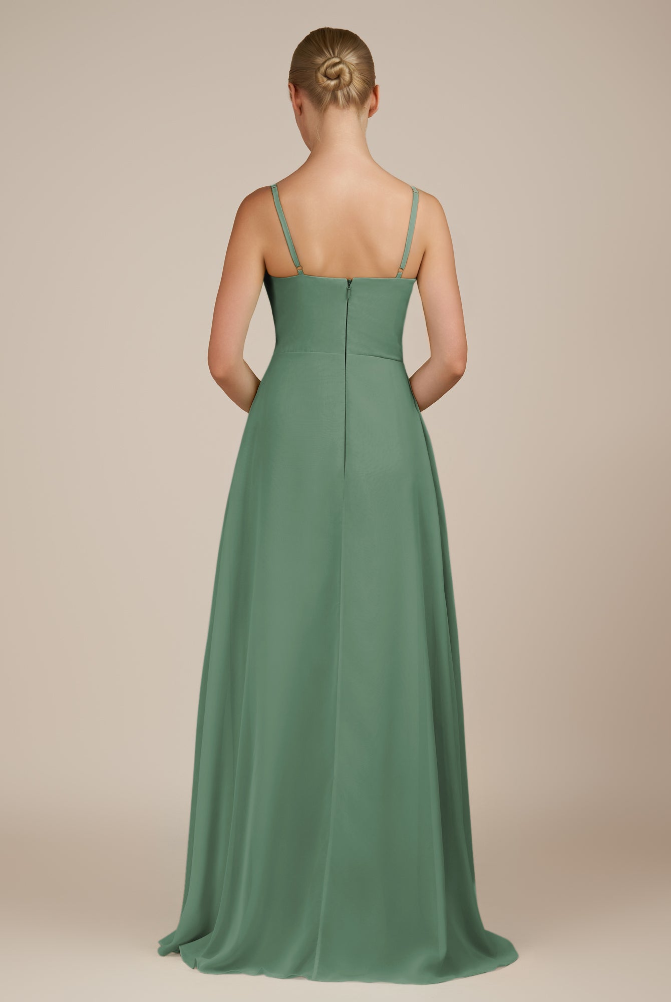 KissDress-Queniva Sea Glass Sheath Chiffon Spaghetti Straps Ruffles Long Bridesmaid Dress with Slit