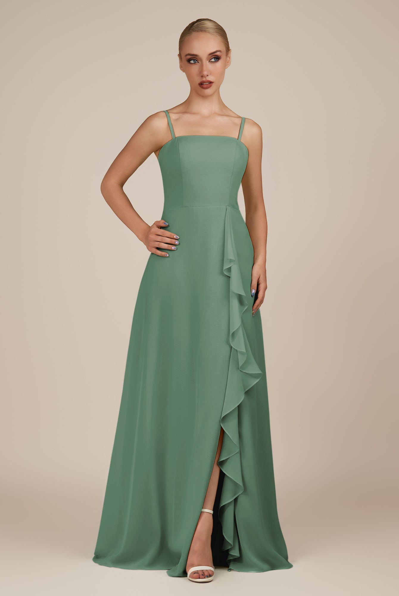 KissDress-Queniva Sea Glass Sheath Chiffon Spaghetti Straps Ruffles Long Bridesmaid Dress with Slit