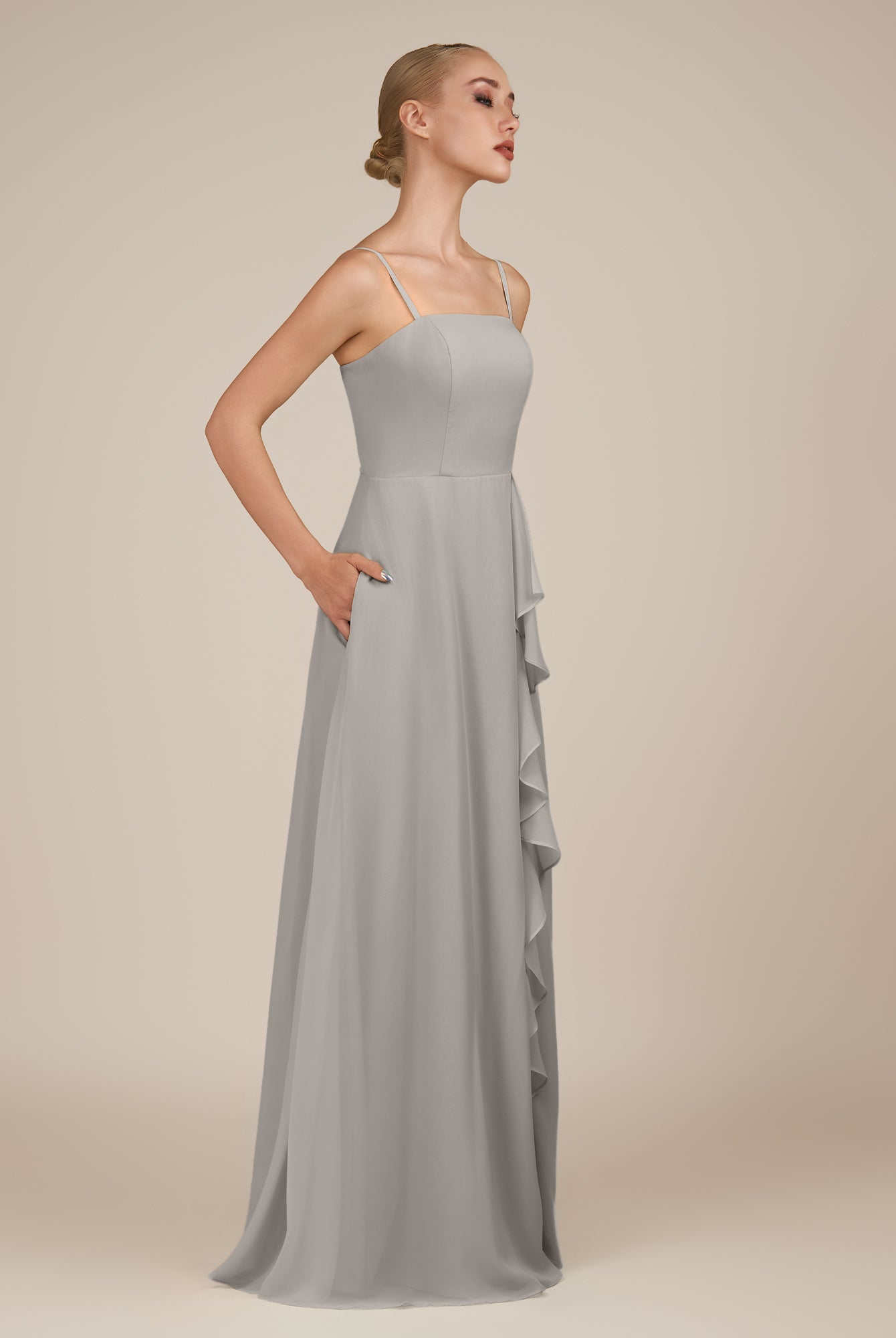 KissDress-Queniva Silver Sheath Chiffon Spaghetti Straps Ruffles Long Bridesmaid Dress with Slit
