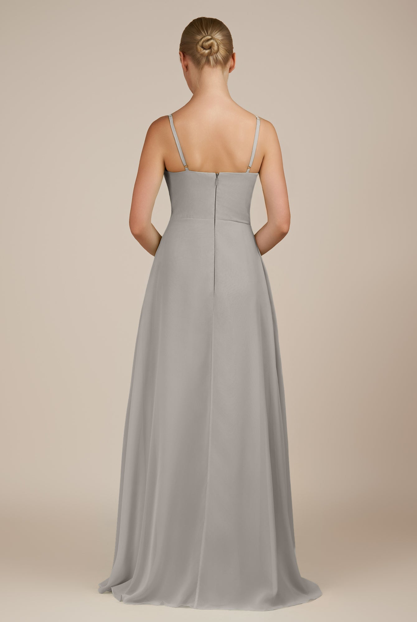 KissDress-Queniva Silver Sheath Chiffon Spaghetti Straps Ruffles Long Bridesmaid Dress with Slit