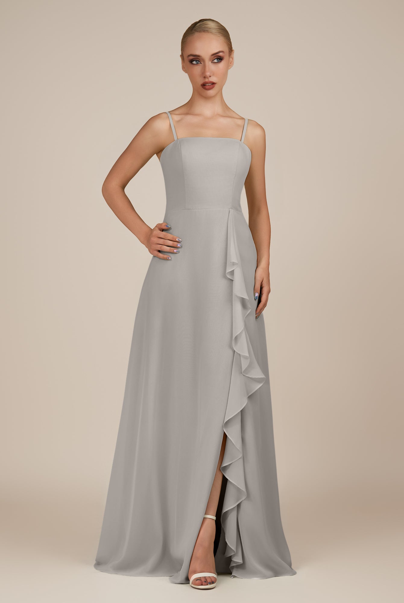 KissDress-Queniva Silver Sheath Chiffon Spaghetti Straps Ruffles Long Bridesmaid Dress with Slit