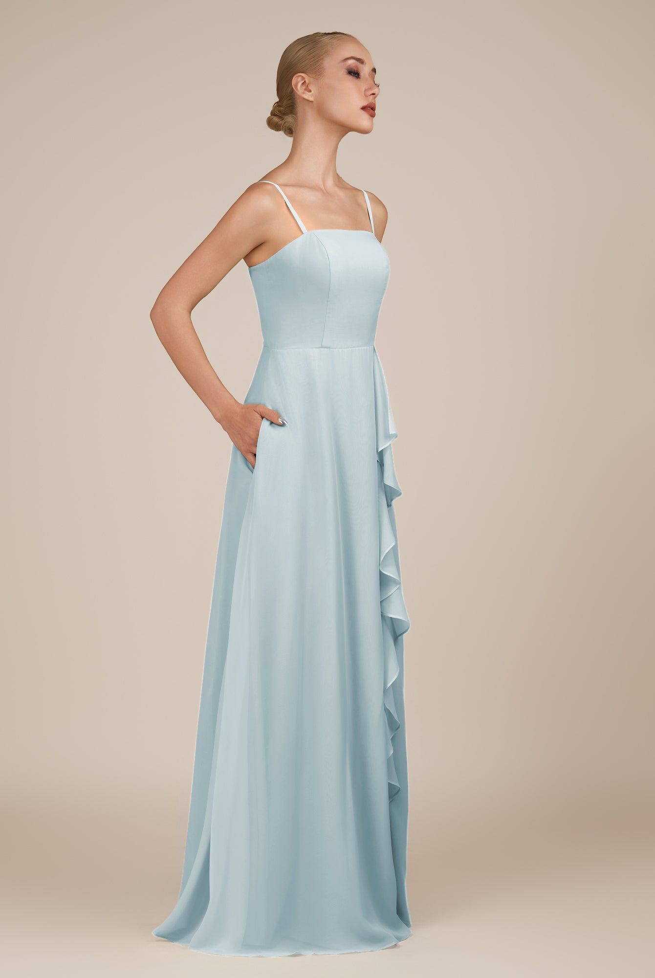 KissDress-Queniva Sky Blue Sheath Chiffon Spaghetti Straps Ruffles Long Bridesmaid Dress with Slit