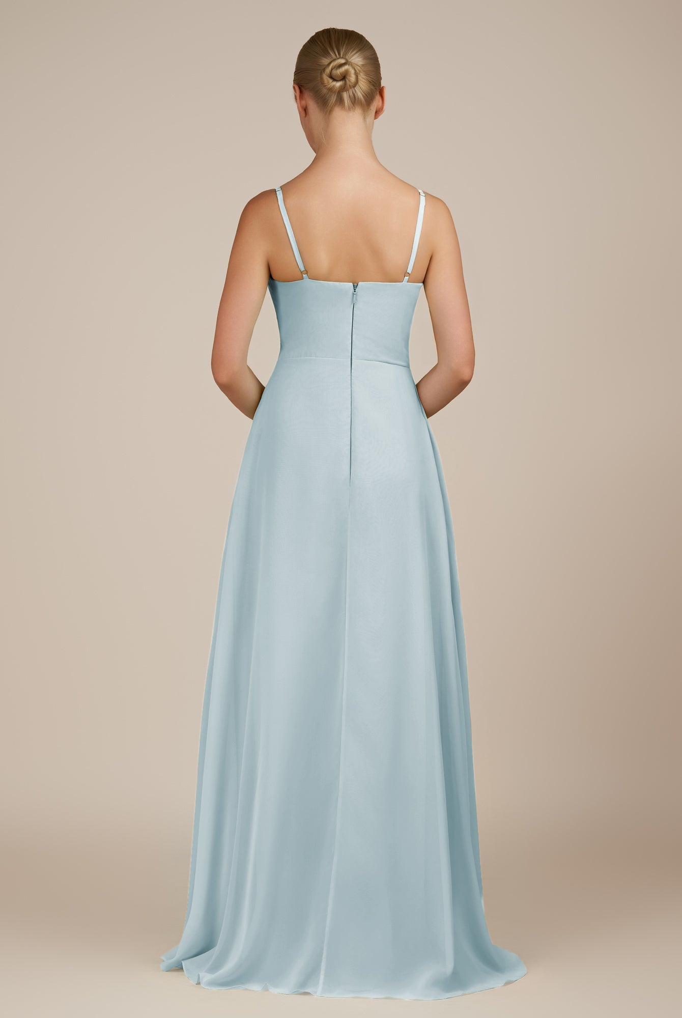 KissDress-Queniva Sky Blue Sheath Chiffon Spaghetti Straps Ruffles Long Bridesmaid Dress with Slit