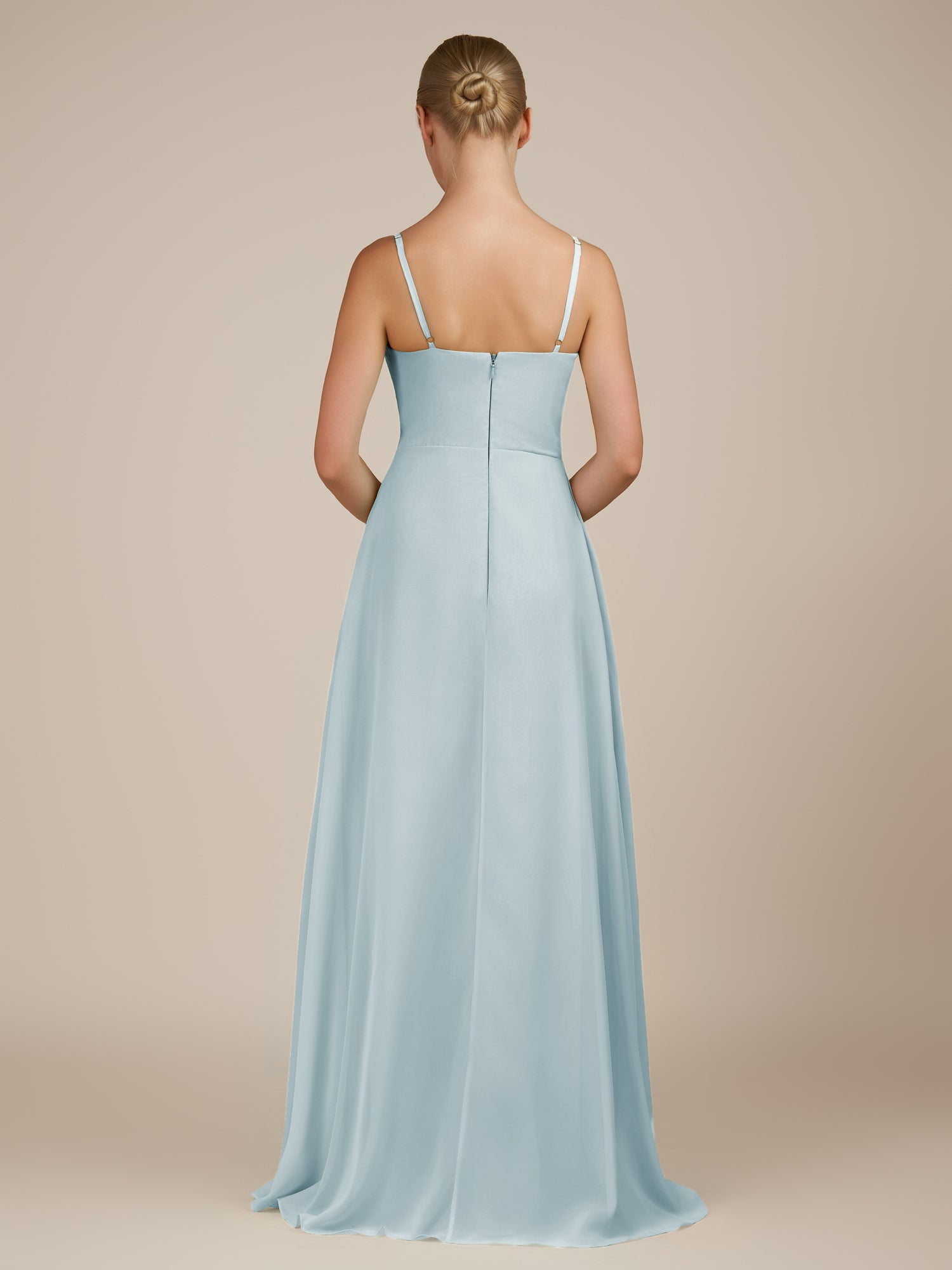 KissDress-Queniva Sky Blue Sheath Chiffon Spaghetti Straps Ruffles Long Bridesmaid Dress with Slit