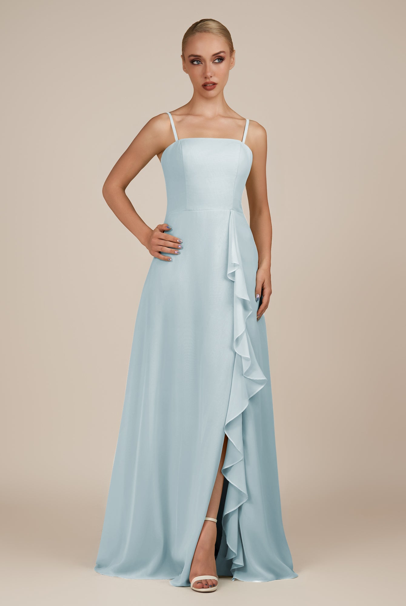 KissDress-Queniva Sky Blue Sheath Chiffon Spaghetti Straps Ruffles Long Bridesmaid Dress with Slit