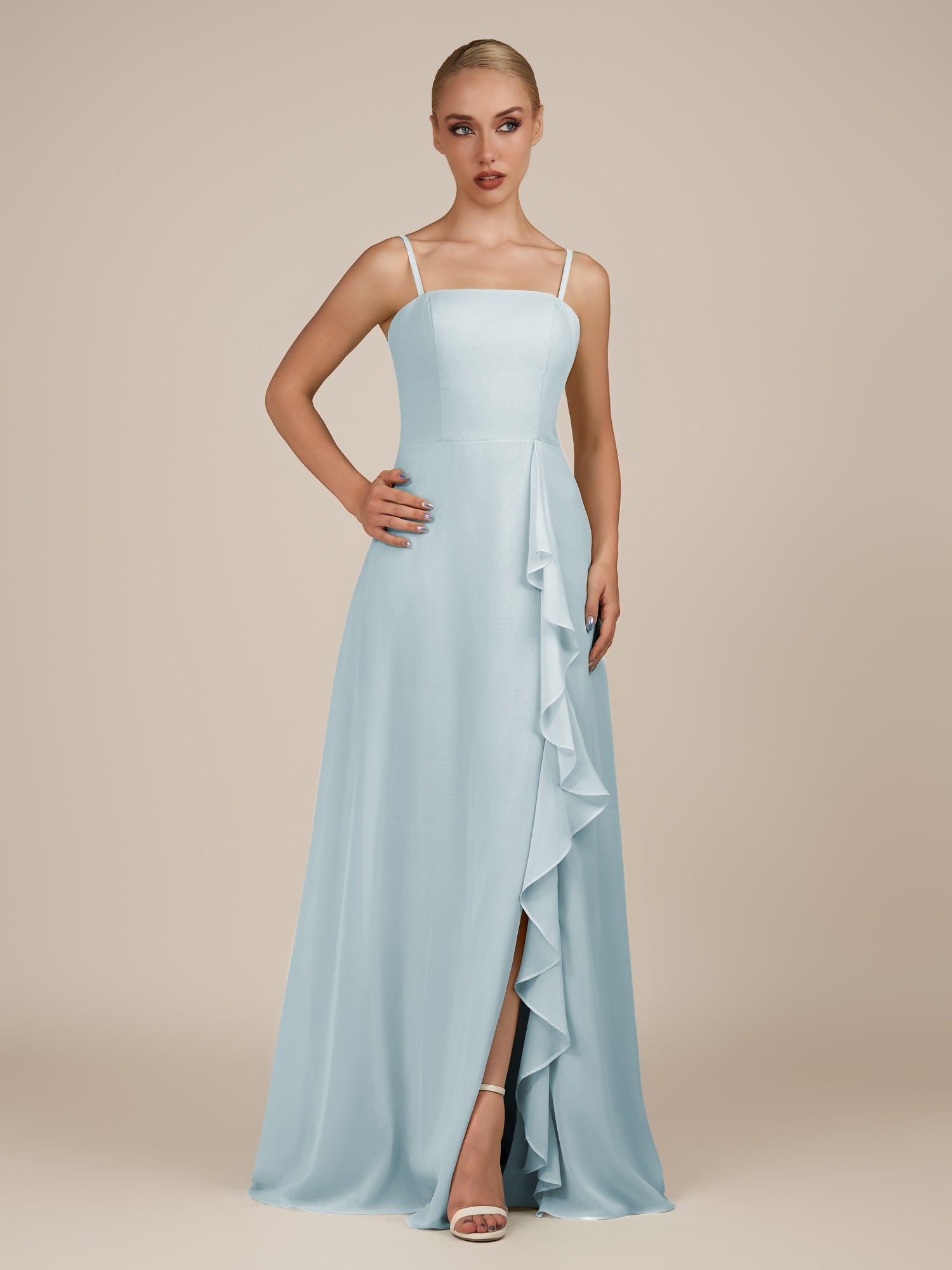 KissDress-Queniva Sky Blue Sheath Chiffon Spaghetti Straps Ruffles Long Bridesmaid Dress with Slit