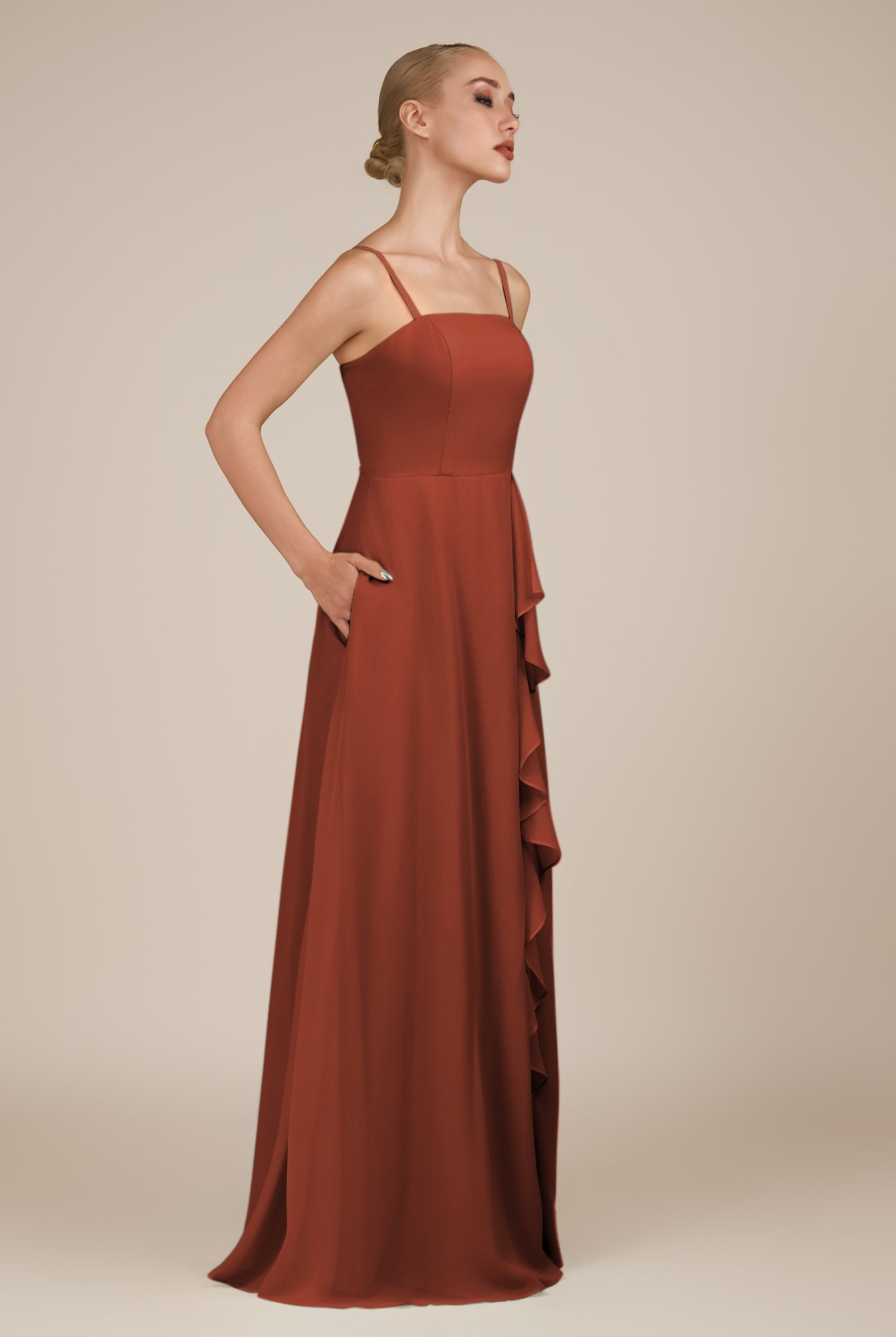 KissDress-Queniva Spice Sheath Chiffon Spaghetti Straps Ruffles Long Bridesmaid Dress with Slit