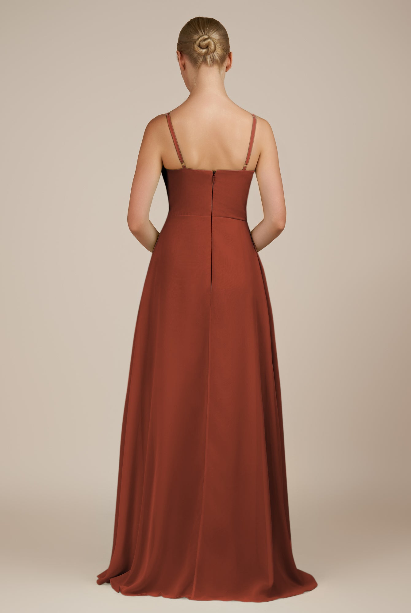 KissDress-Queniva Spice Sheath Chiffon Spaghetti Straps Ruffles Long Bridesmaid Dress with Slit