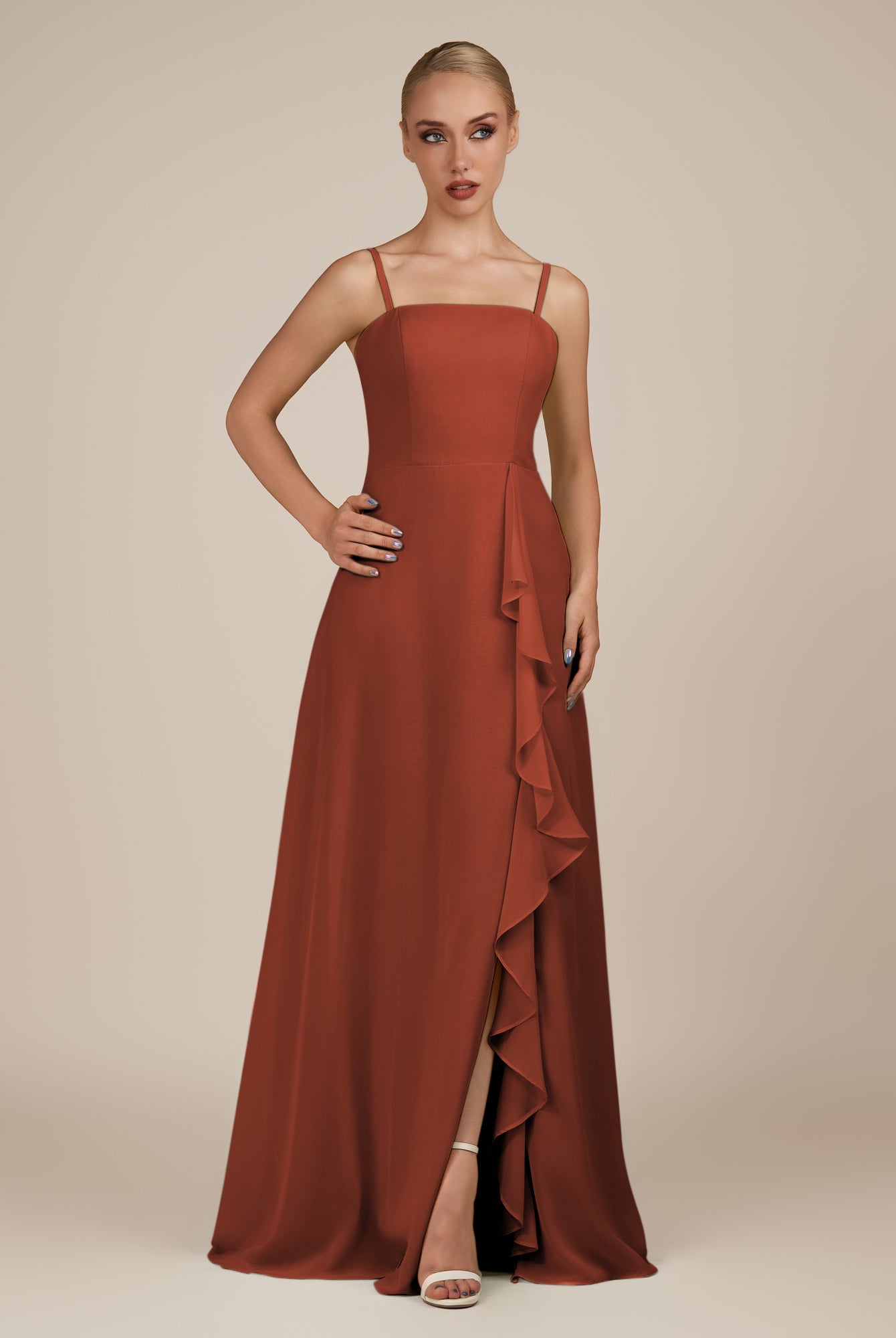 KissDress-Queniva Spice Sheath Chiffon Spaghetti Straps Ruffles Long Bridesmaid Dress with Slit