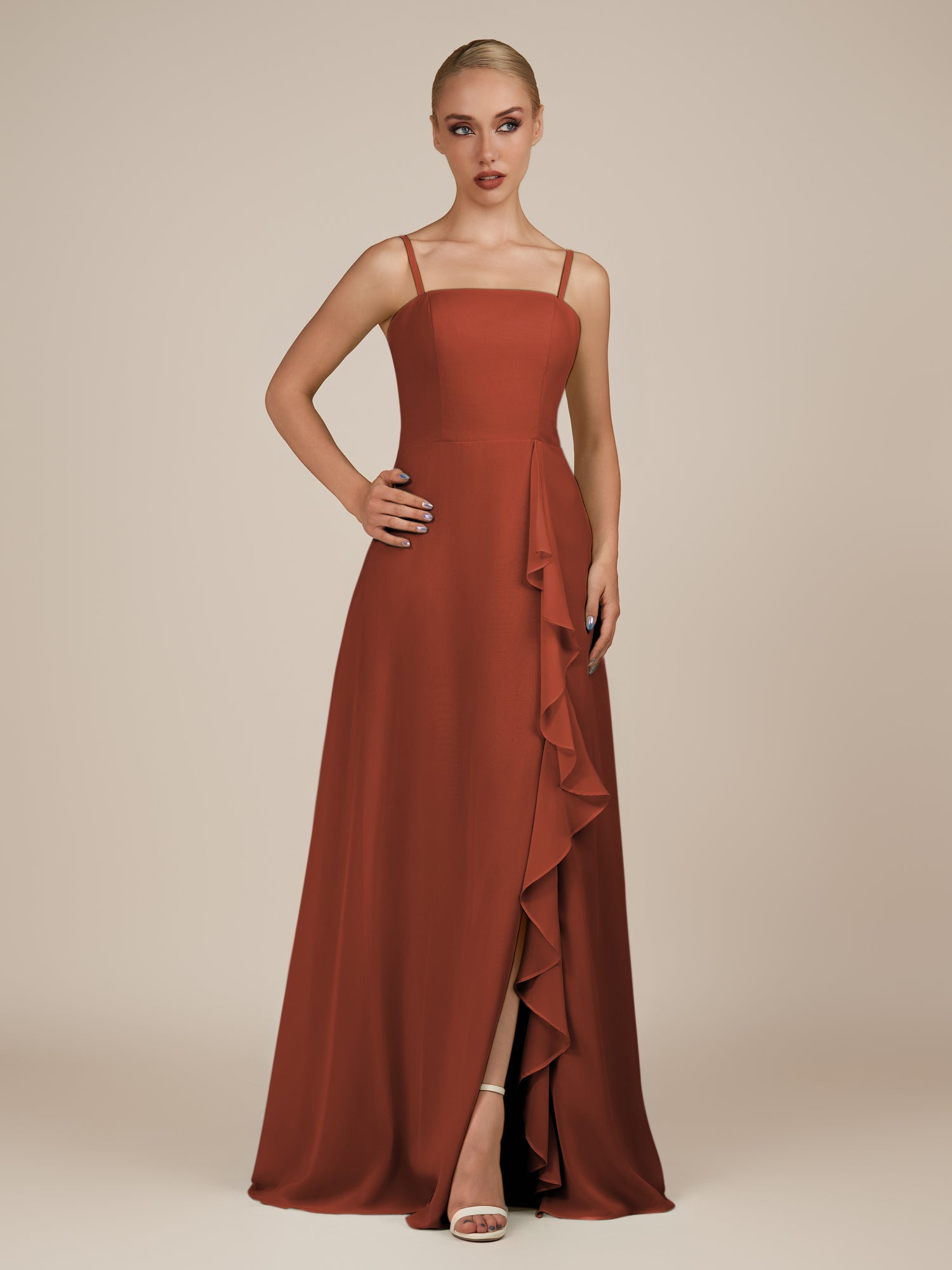 KissDress-Queniva Spice Sheath Chiffon Spaghetti Straps Ruffles Long Bridesmaid Dress with Slit