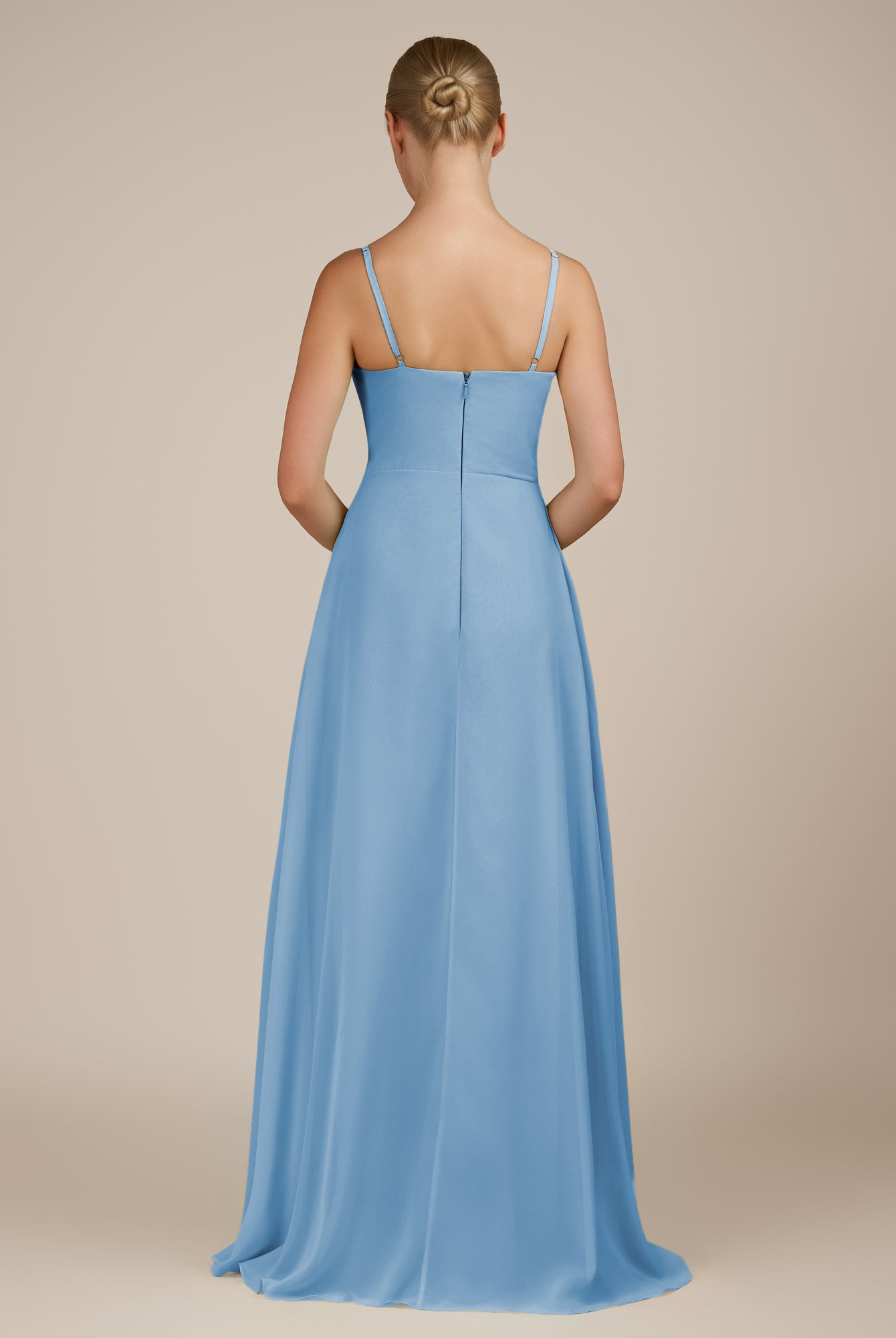 KissDress-Queniva Steel Blue Sheath Chiffon Spaghetti Straps Ruffles Long Bridesmaid Dress with Slit