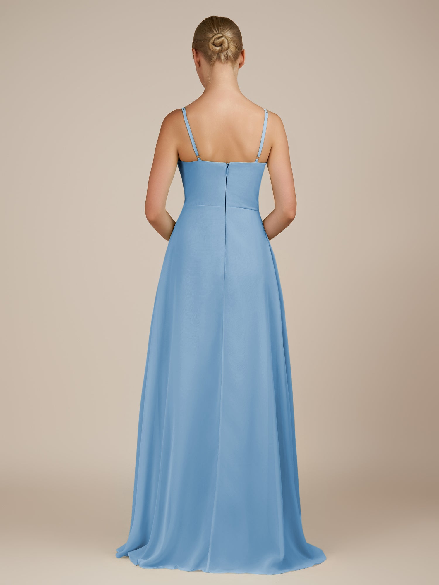 KissDress-Queniva Steel Blue Sheath Chiffon Spaghetti Straps Ruffles Long Bridesmaid Dress with Slit