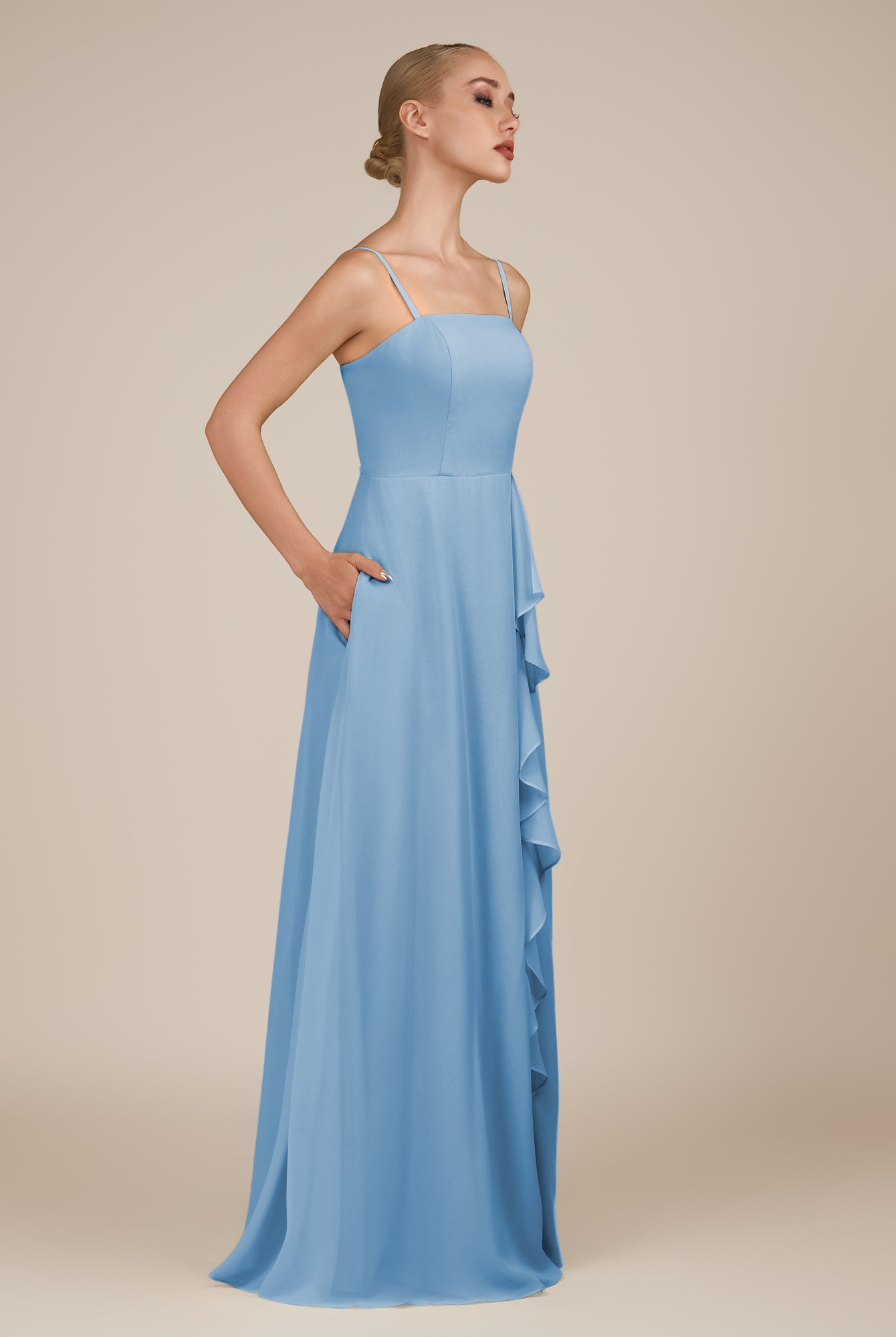 KissDress-Queniva Steel Blue Sheath Chiffon Spaghetti Straps Ruffles Long Bridesmaid Dress with Slit