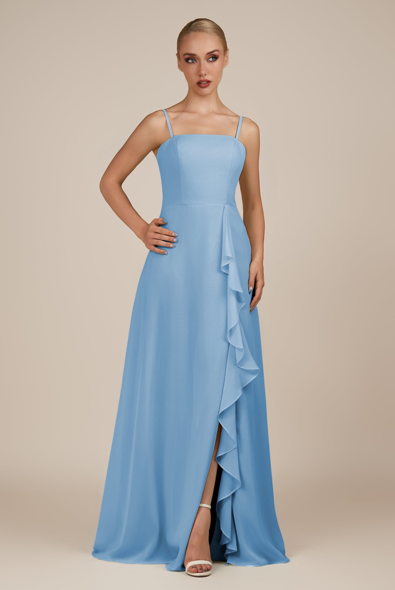 KissDress-Queniva Steel Blue Sheath Chiffon Spaghetti Straps Ruffles Long Bridesmaid Dress with Slit
