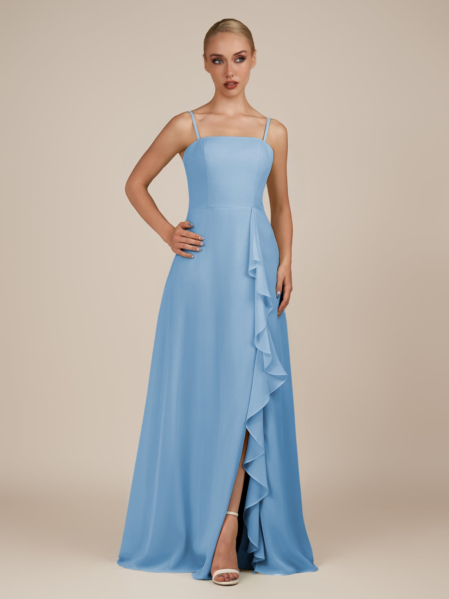 KissDress-Queniva Steel Blue Sheath Chiffon Spaghetti Straps Ruffles Long Bridesmaid Dress with Slit