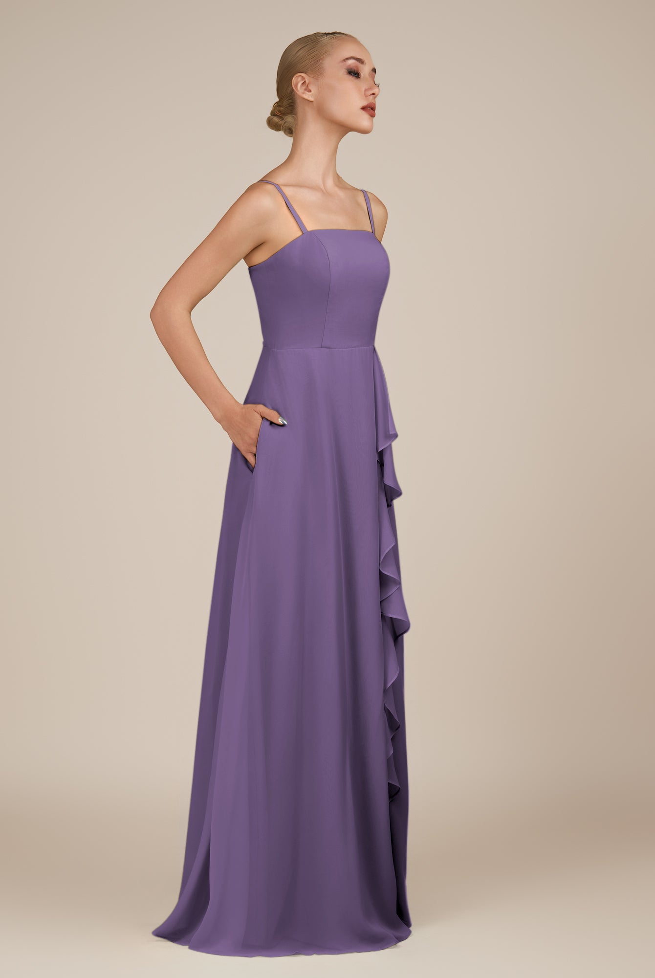 KissDress-Queniva Tahiti Sheath Chiffon Spaghetti Straps Ruffles Long Bridesmaid Dress with Slit