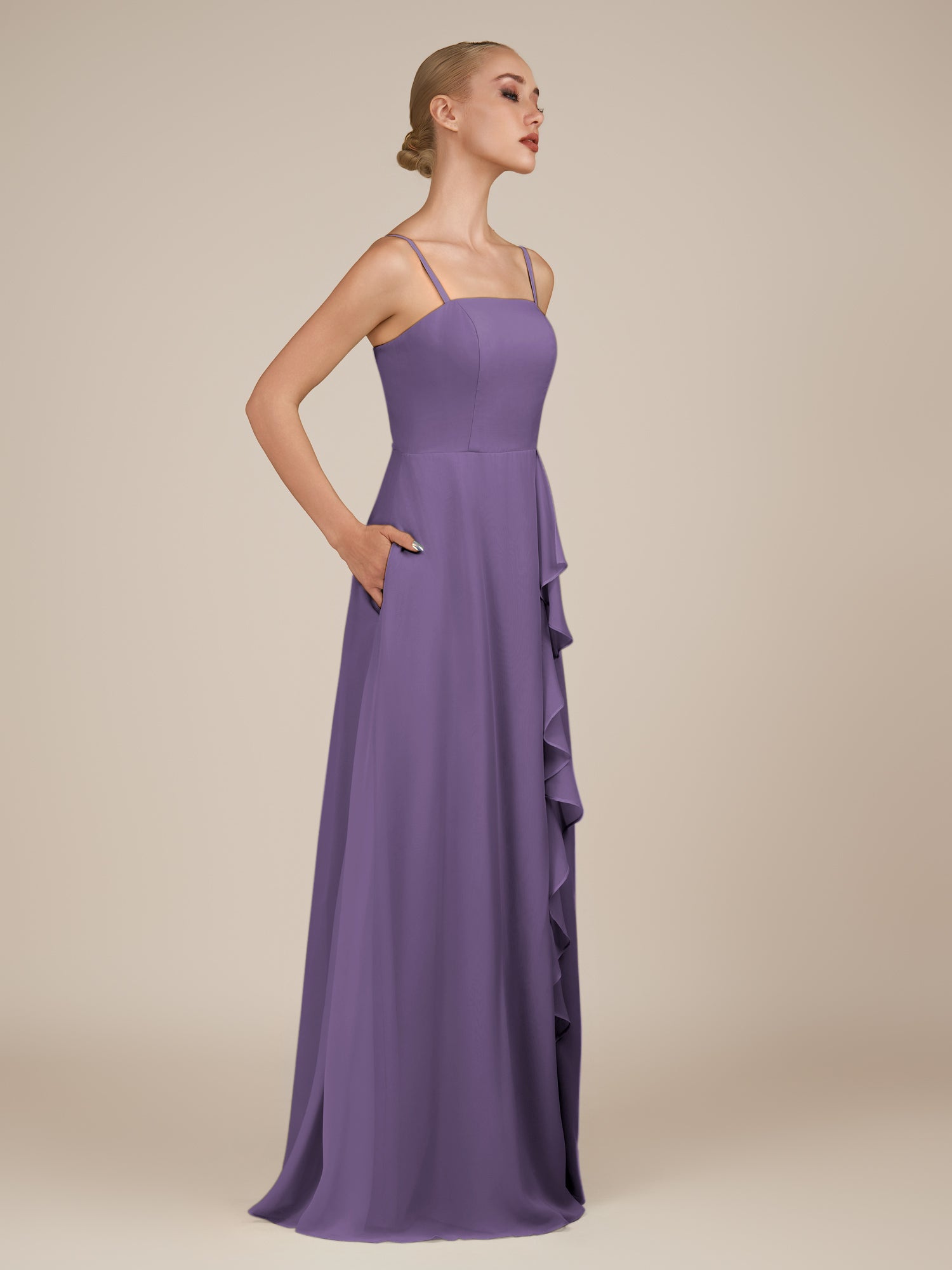 KissDress-Queniva Tahiti Sheath Chiffon Spaghetti Straps Ruffles Long Bridesmaid Dress with Slit