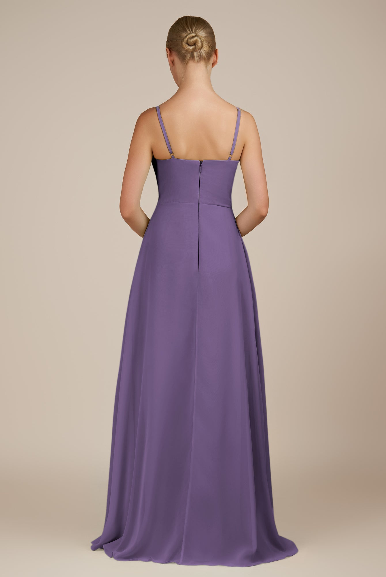 KissDress-Queniva Tahiti Sheath Chiffon Spaghetti Straps Ruffles Long Bridesmaid Dress with Slit