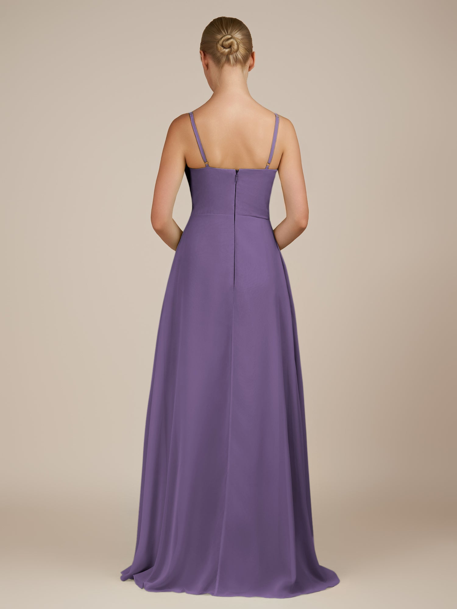 KissDress-Queniva Tahiti Sheath Chiffon Spaghetti Straps Ruffles Long Bridesmaid Dress with Slit