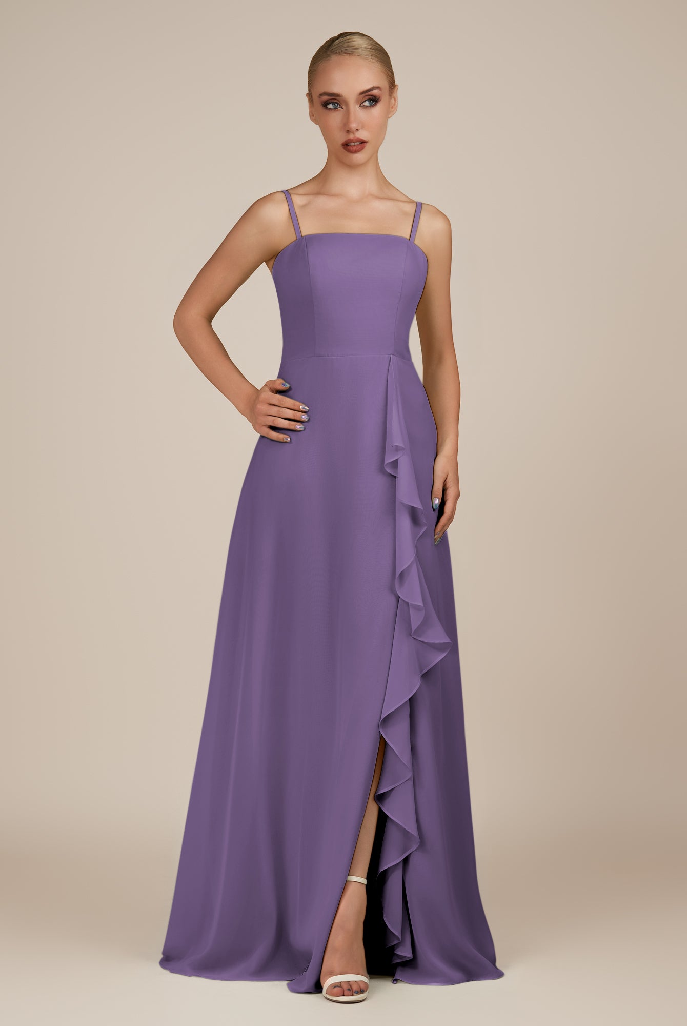 KissDress-Queniva Tahiti Sheath Chiffon Spaghetti Straps Ruffles Long Bridesmaid Dress with Slit