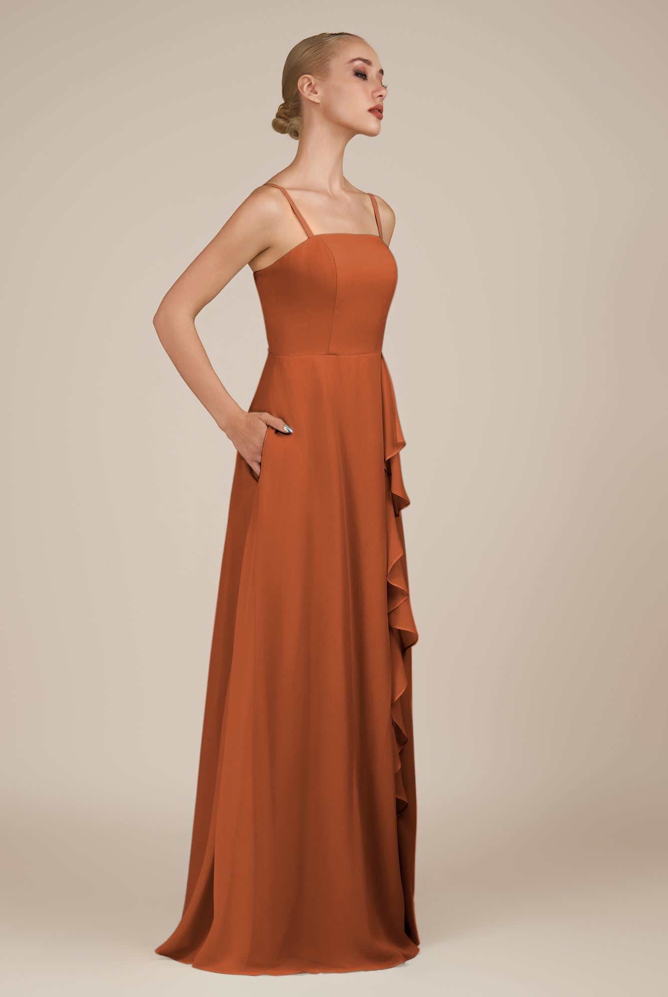 KissDress-Queniva Terracotta Sheath Chiffon Spaghetti Straps Ruffles Long Bridesmaid Dress with Slit