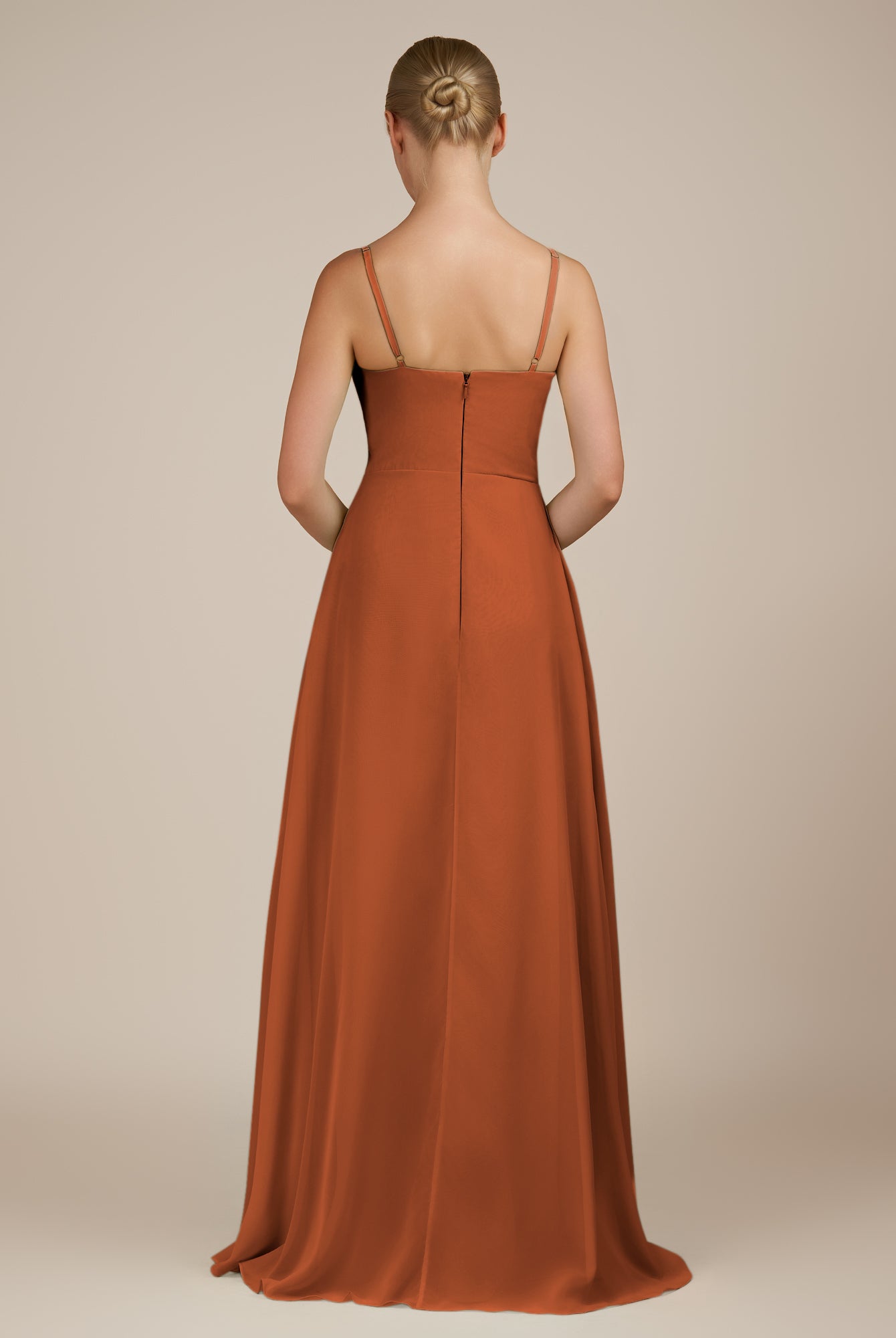 KissDress-Queniva Terracotta Sheath Chiffon Spaghetti Straps Ruffles Long Bridesmaid Dress with Slit