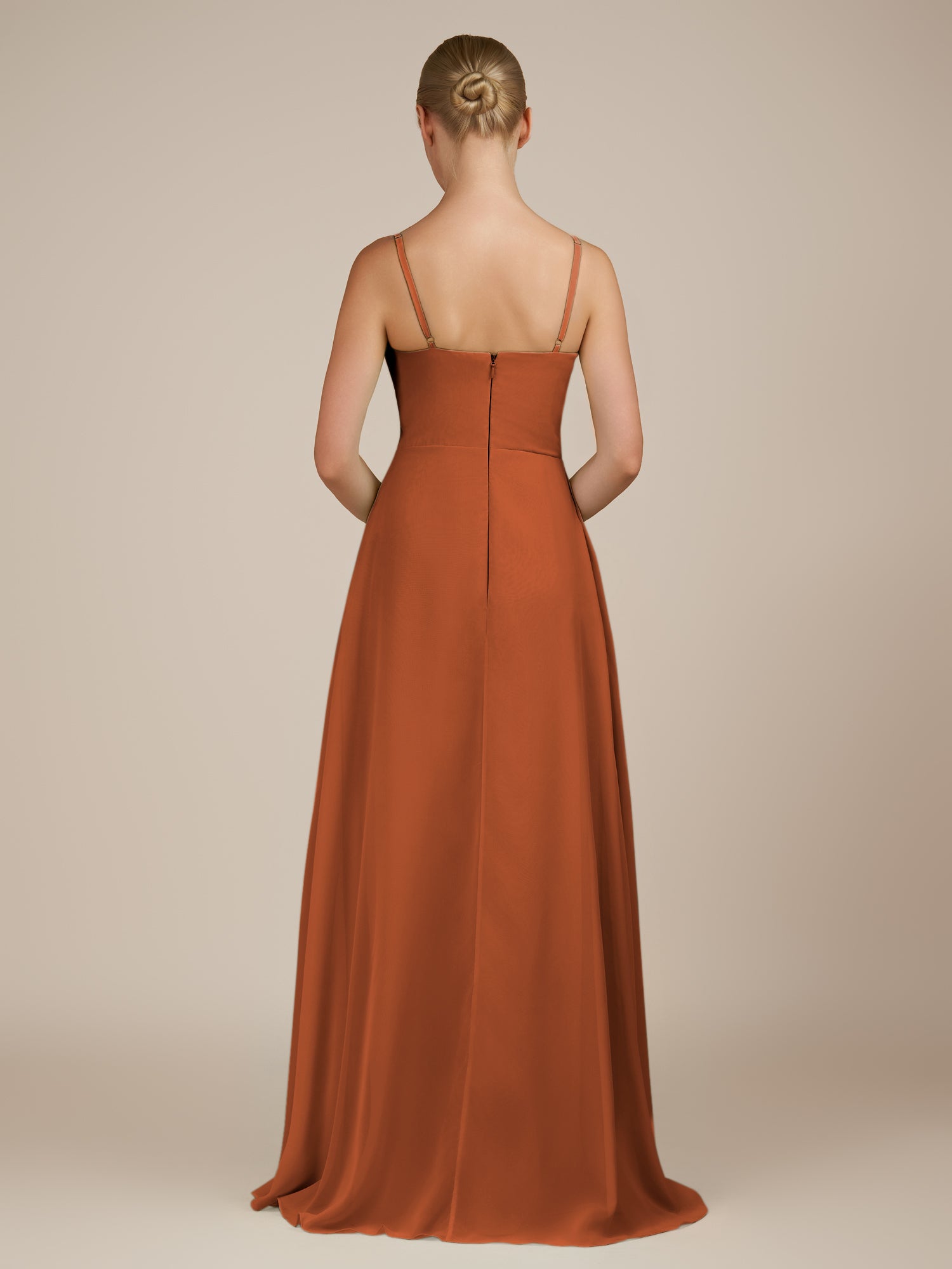 KissDress-Queniva Terracotta Sheath Chiffon Spaghetti Straps Ruffles Long Bridesmaid Dress with Slit