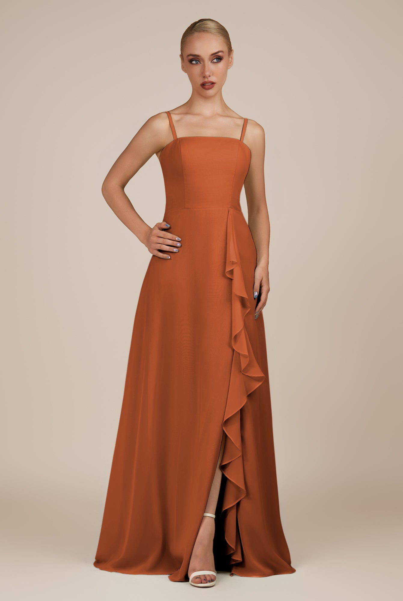 KissDress-Queniva Terracotta Sheath Chiffon Spaghetti Straps Ruffles Long Bridesmaid Dress with Slit