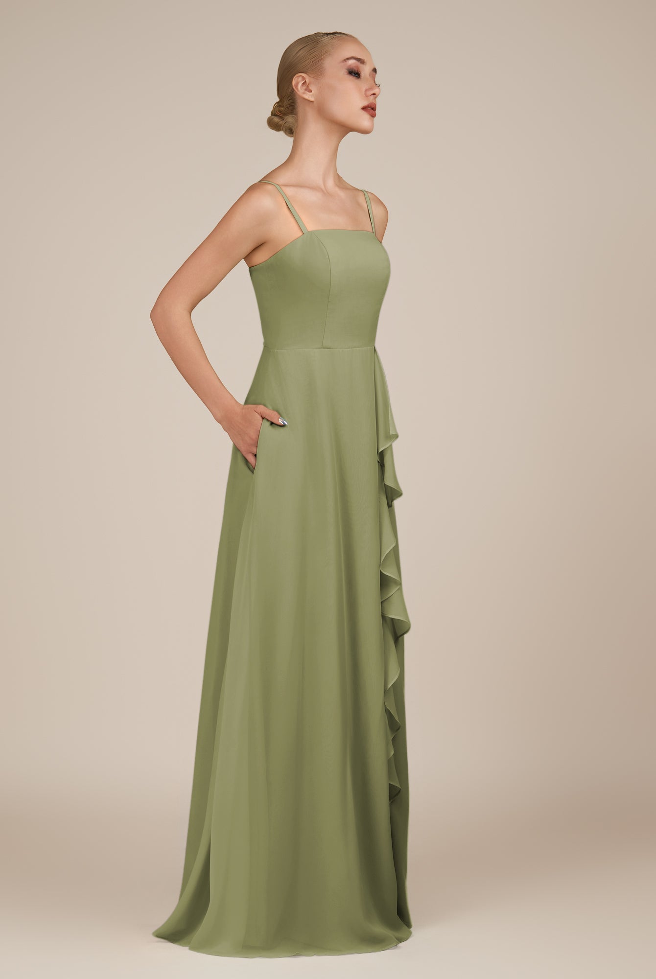 KissDress-Queniva Thyme Sheath Chiffon Spaghetti Straps Ruffles Long Bridesmaid Dress with Slit