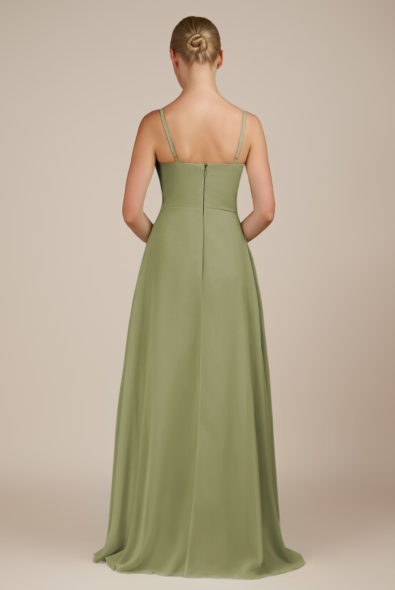 KissDress-Queniva Thyme Sheath Chiffon Spaghetti Straps Ruffles Long Bridesmaid Dress with Slit