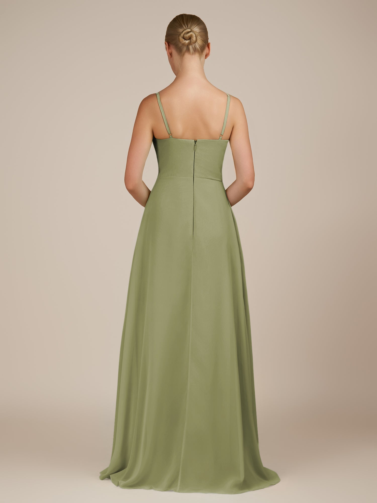 KissDress-Queniva Thyme Sheath Chiffon Spaghetti Straps Ruffles Long Bridesmaid Dress with Slit