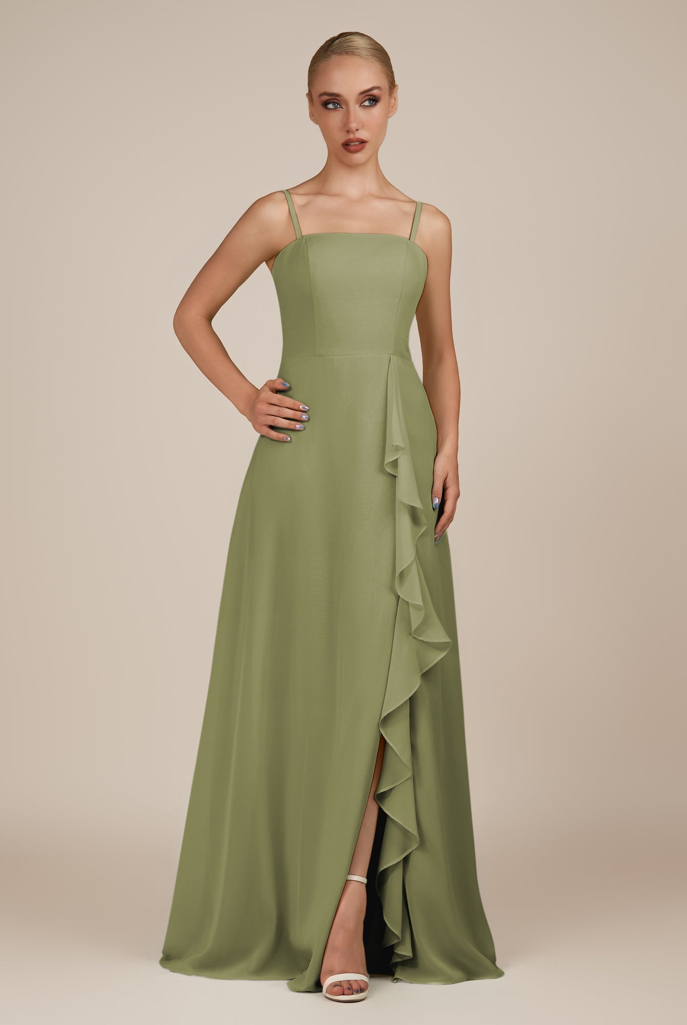 KissDress-Queniva Thyme Sheath Chiffon Spaghetti Straps Ruffles Long Bridesmaid Dress with Slit