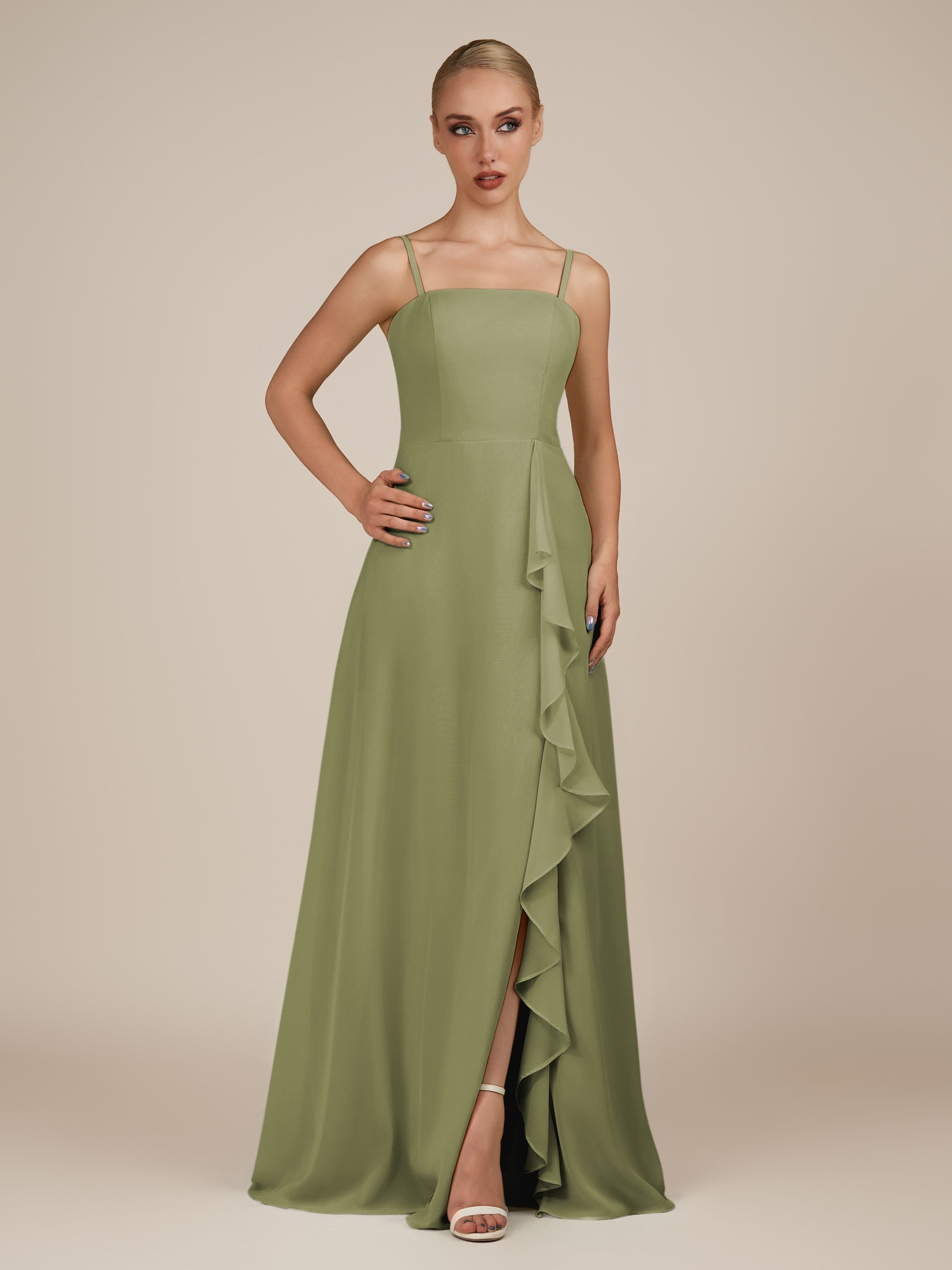 KissDress-Queniva Thyme Sheath Chiffon Spaghetti Straps Ruffles Long Bridesmaid Dress with Slit