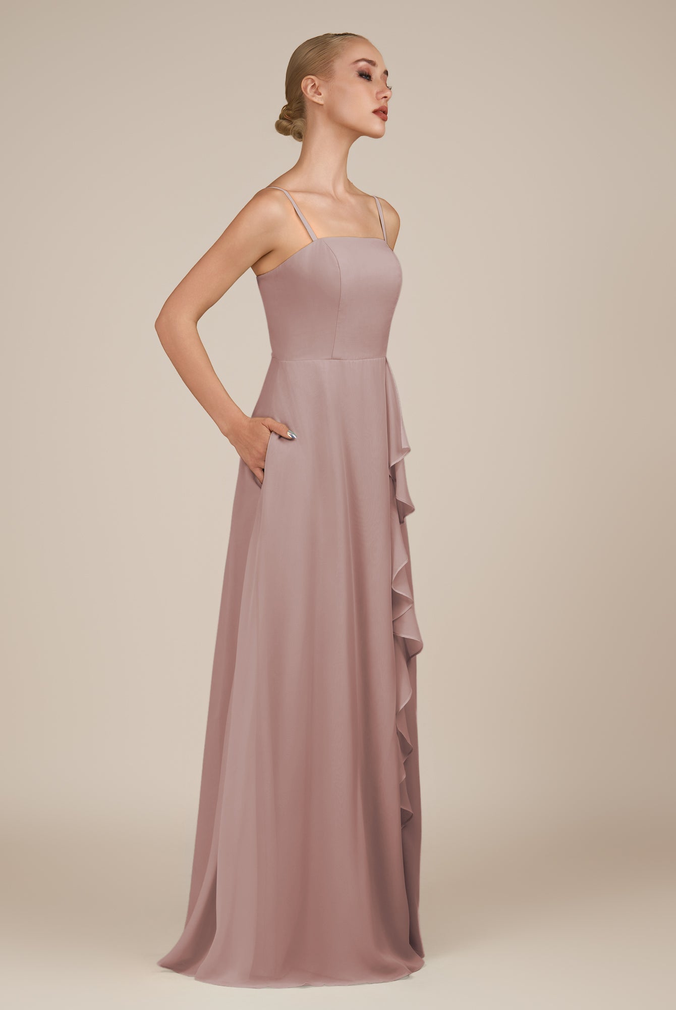 KissDress-Queniva Toffee Sheath Chiffon Spaghetti Straps Ruffles Long Bridesmaid Dress with Slit