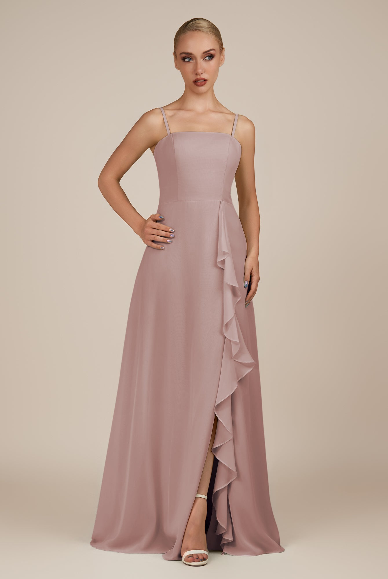 KissDress-Queniva Toffee Sheath Chiffon Spaghetti Straps Ruffles Long Bridesmaid Dress with Slit