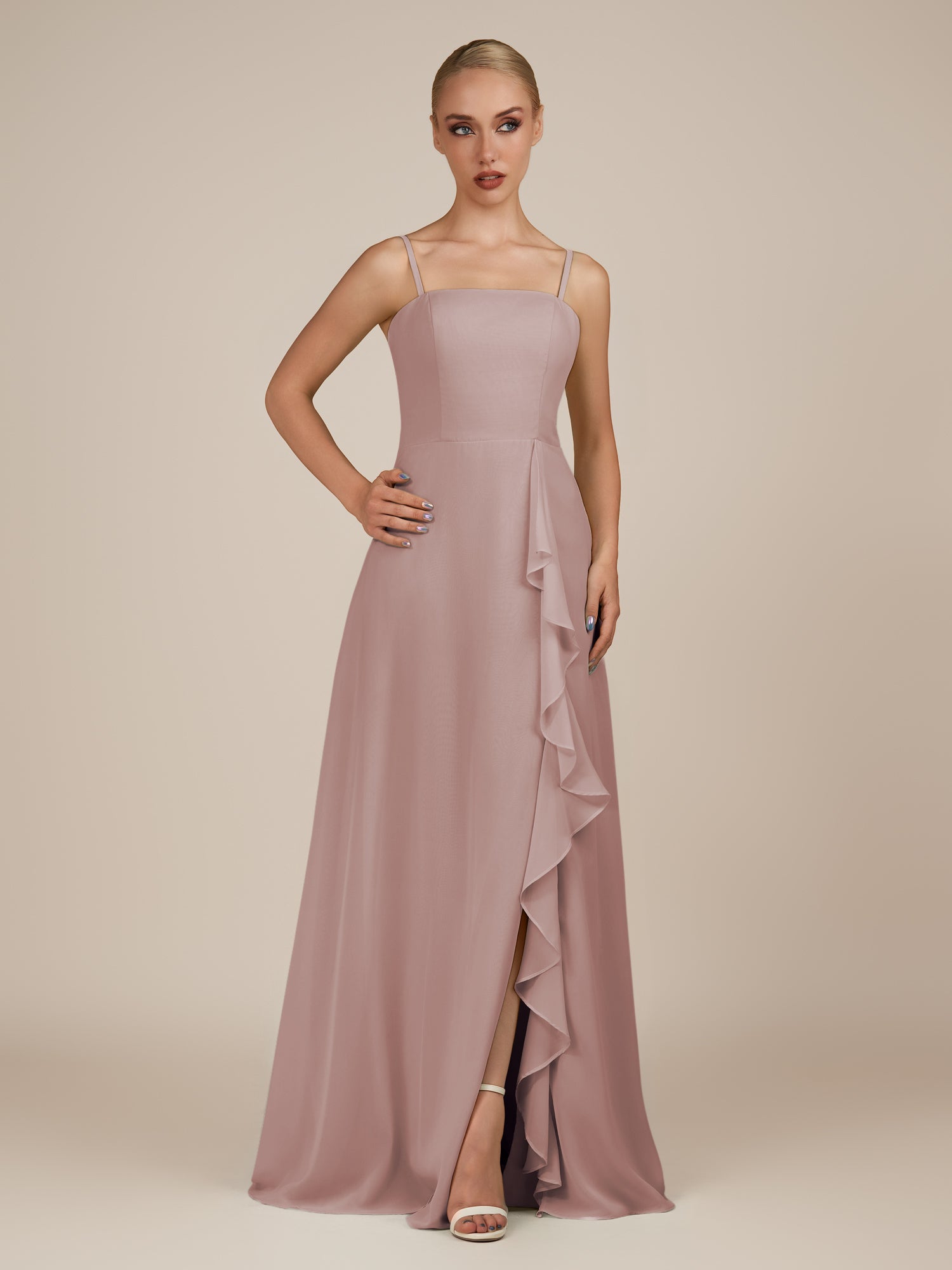KissDress-Queniva Toffee Sheath Chiffon Spaghetti Straps Ruffles Long Bridesmaid Dress with Slit