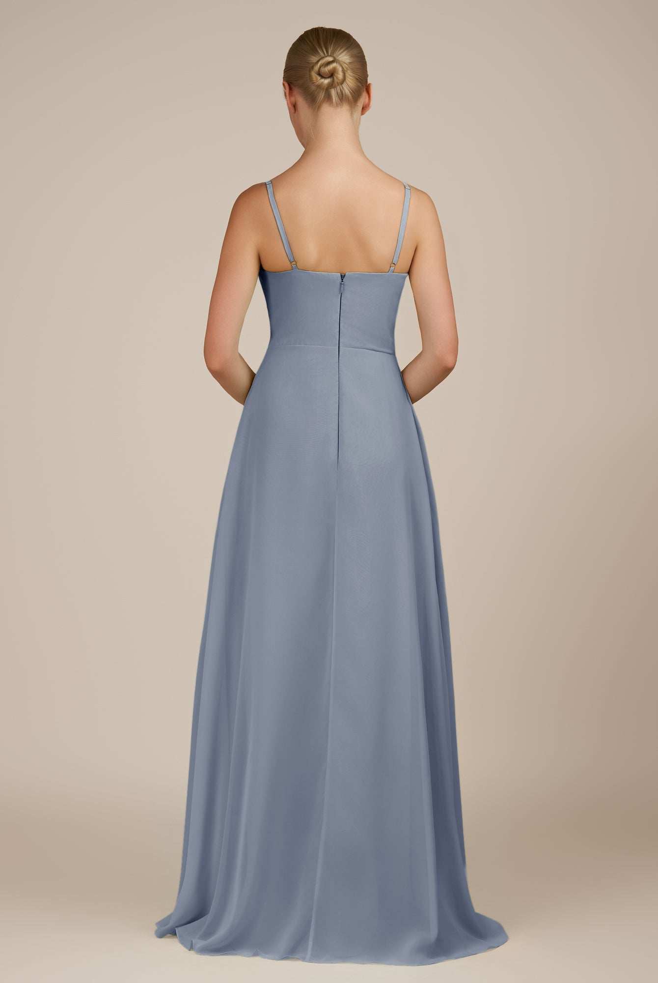 KissDress-Queniva Twilight Sheath Chiffon Spaghetti Straps Ruffles Long Bridesmaid Dress with Slit