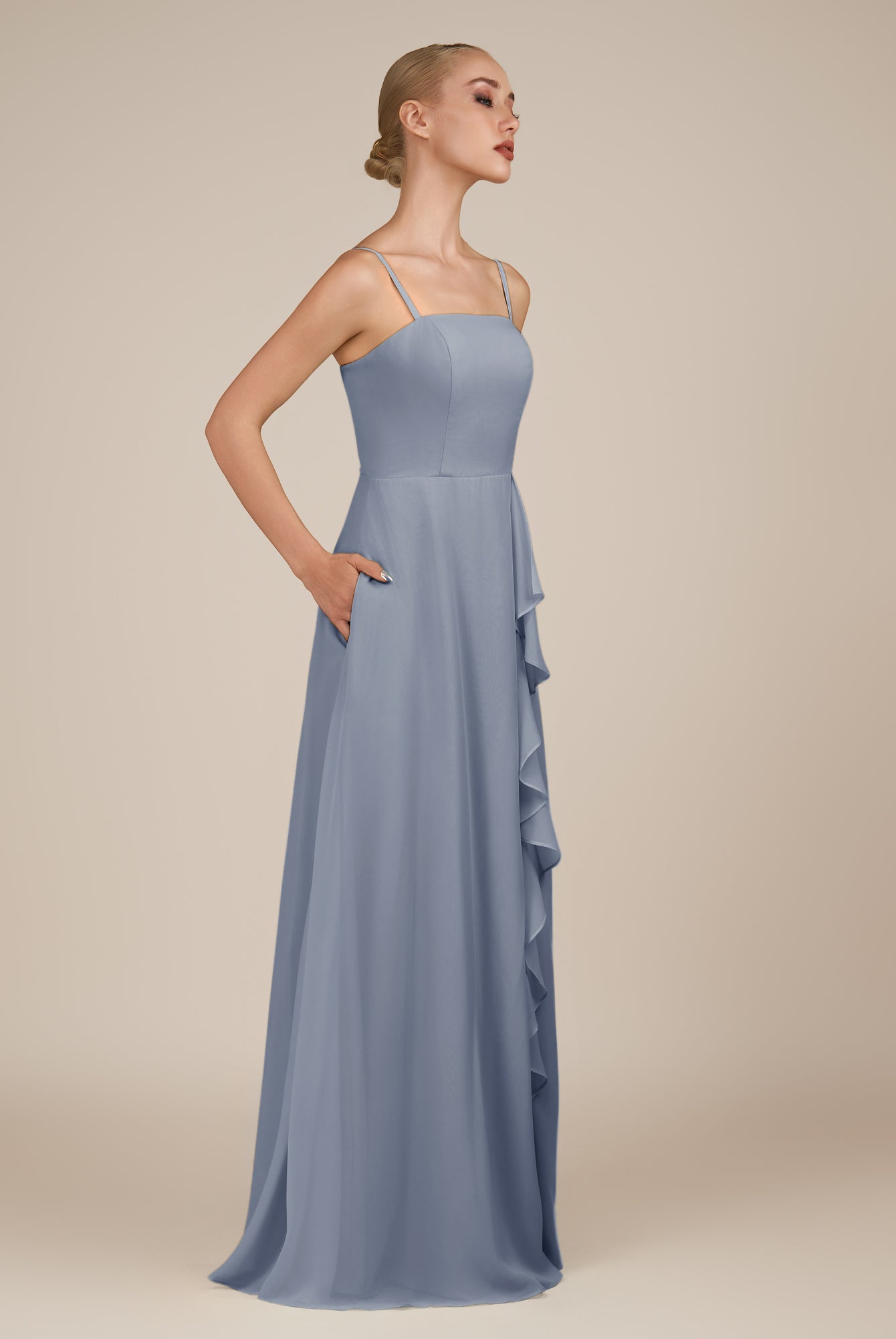 KissDress-Queniva Twilight Sheath Chiffon Spaghetti Straps Ruffles Long Bridesmaid Dress with Slit