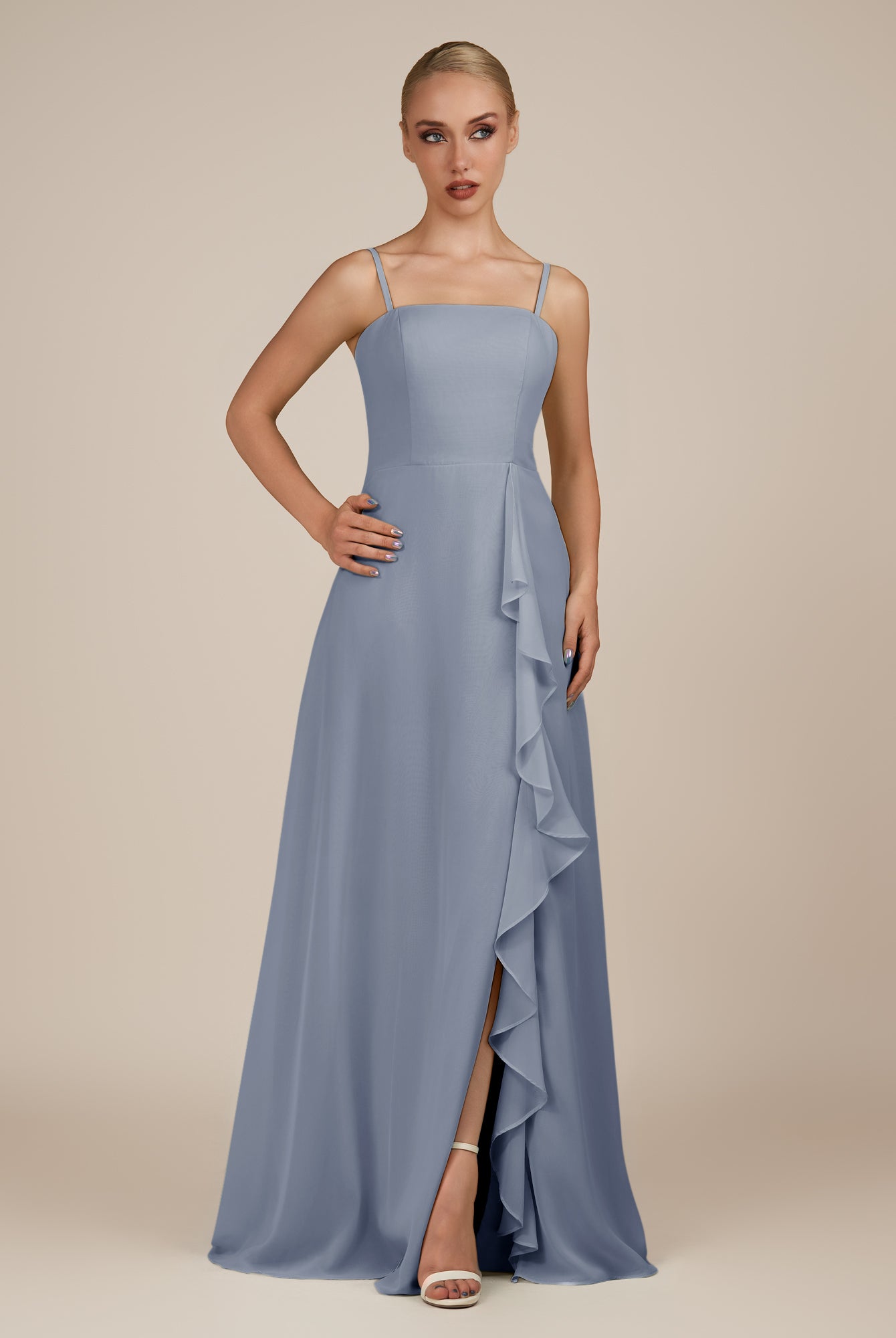 KissDress-Queniva Twilight Sheath Chiffon Spaghetti Straps Ruffles Long Bridesmaid Dress with Slit