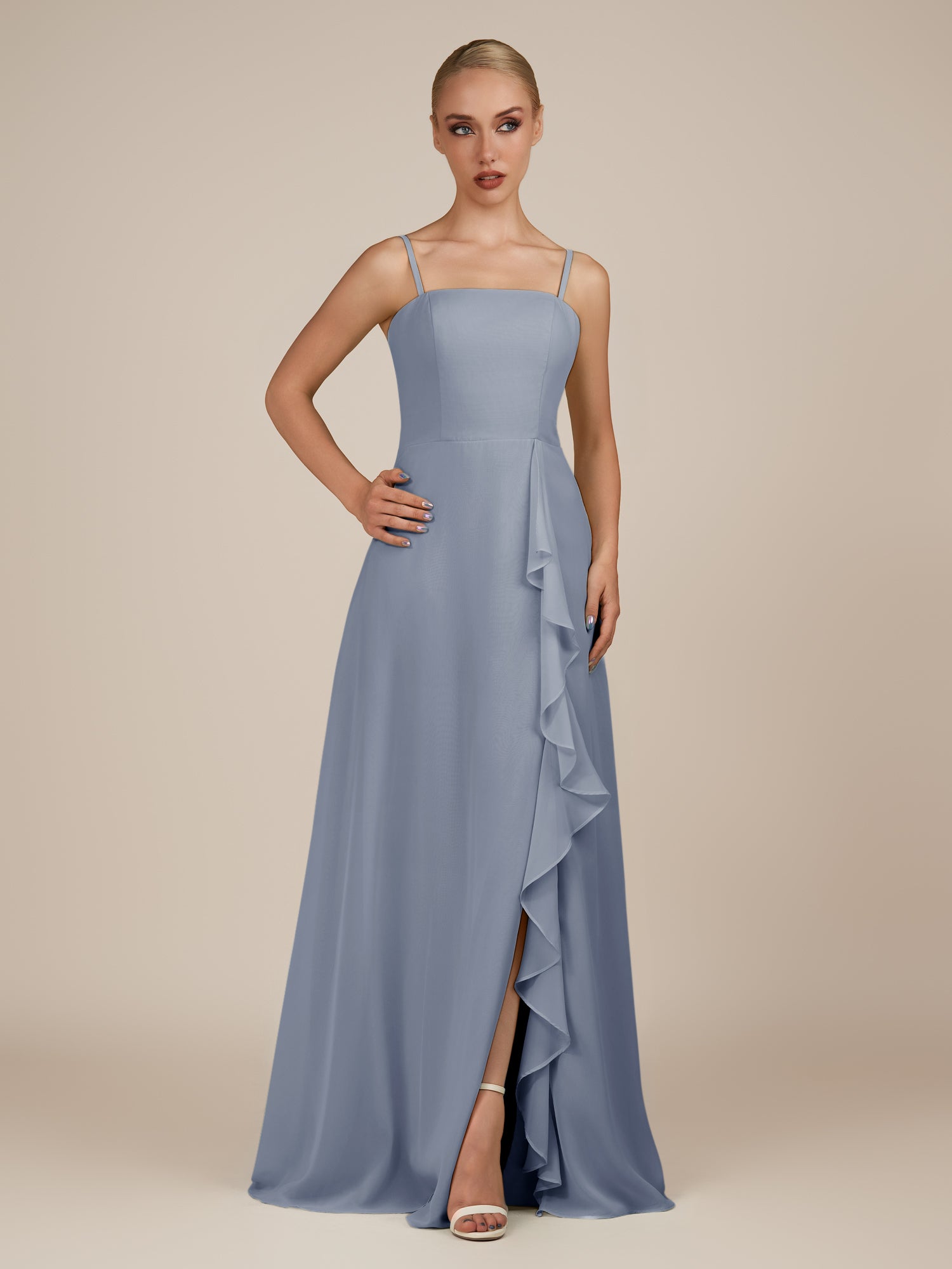 KissDress-Queniva Twilight Sheath Chiffon Spaghetti Straps Ruffles Long Bridesmaid Dress with Slit