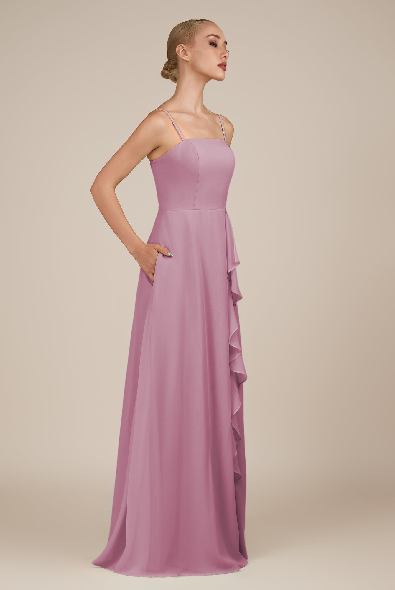 KissDress-Queniva Vintage Mauve Sheath Chiffon Spaghetti Straps Ruffles Long Bridesmaid Dress with Slit